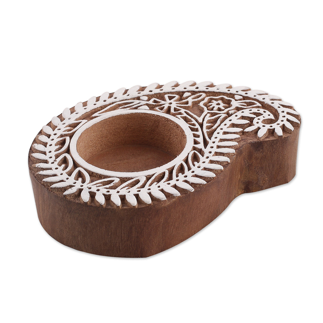 Hand-Carved Mango Wood Paisley Tealight Candle Holder - Paisley Glow