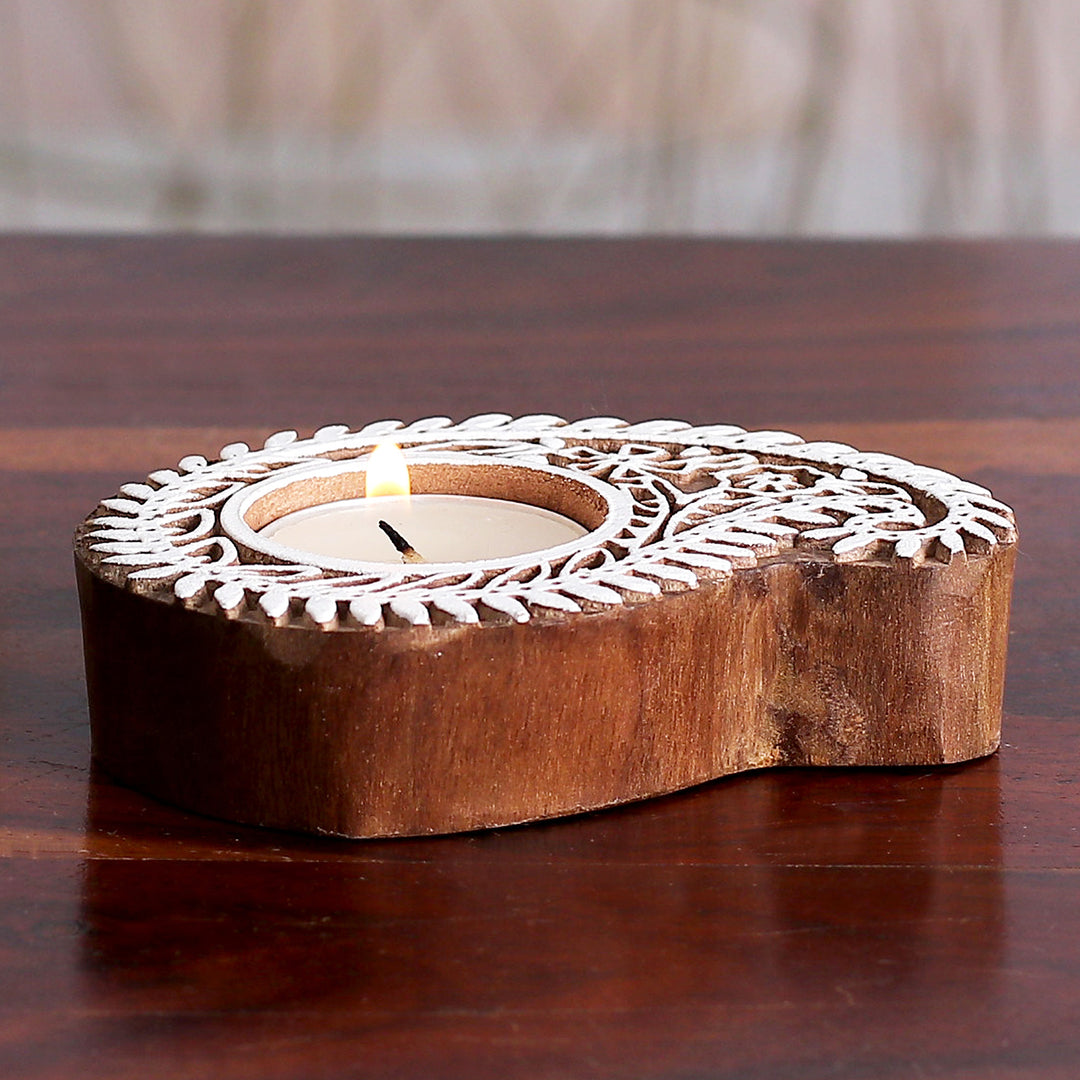 Hand-Carved Mango Wood Paisley Tealight Candle Holder - Paisley Glow
