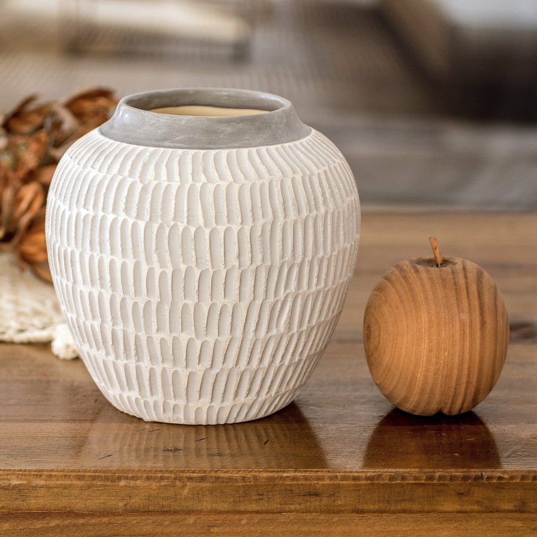 Modern Textured Ceramic Vase with Hand-Painted Grey Accents - Floral Universe in Grey