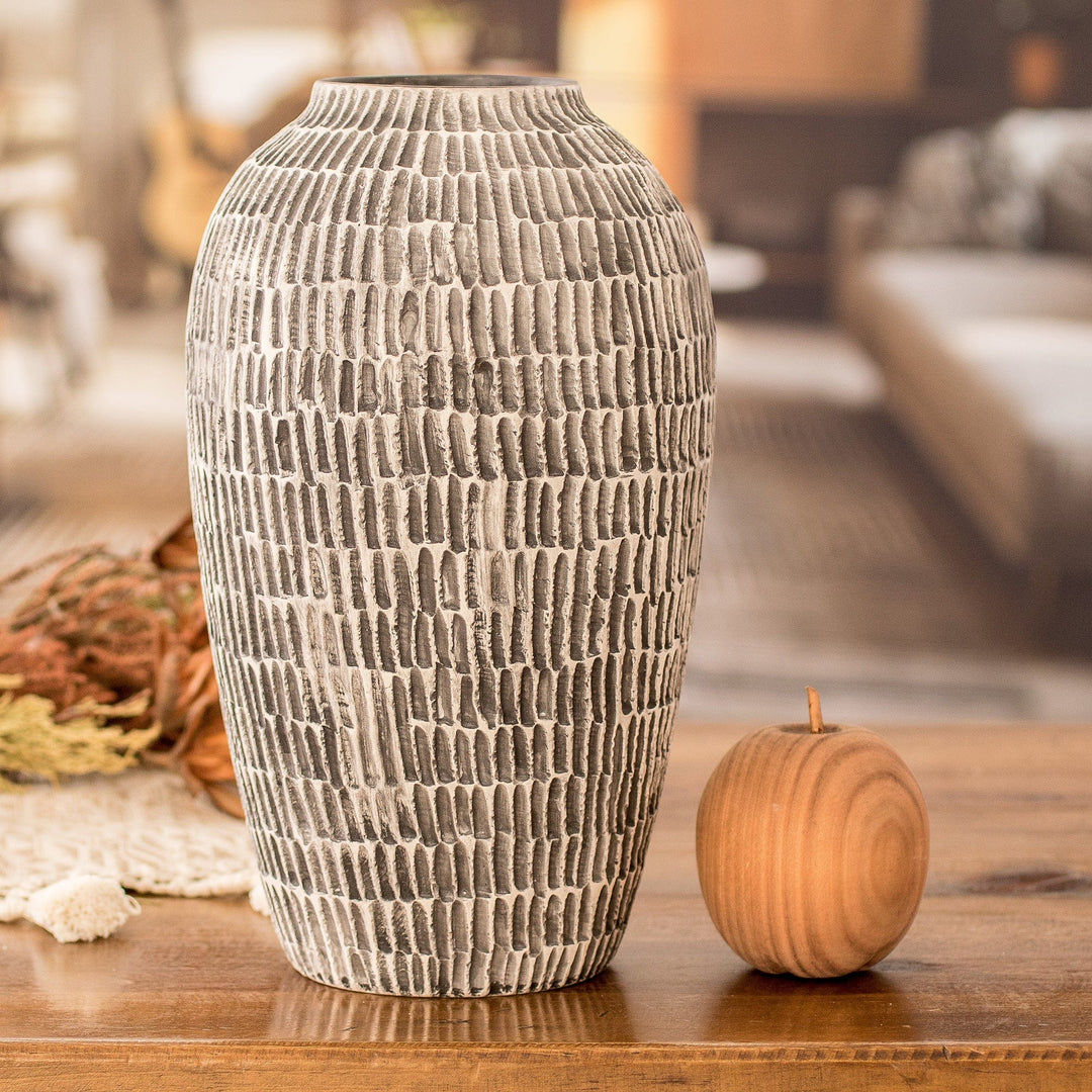 Modern Textured Hand-Painted Ivory and Black Ceramic Vase - Natural Feel in Black