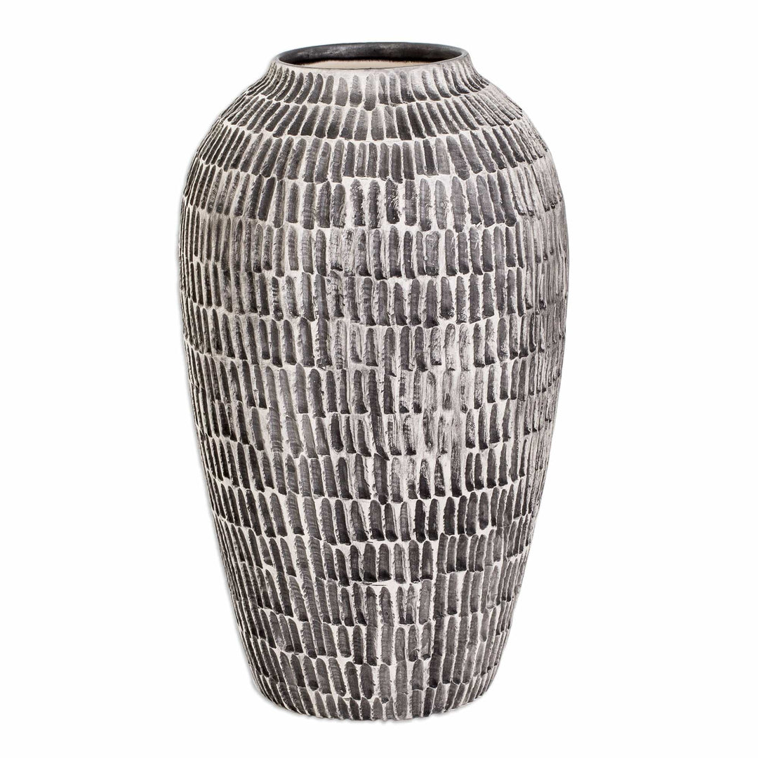 Modern Textured Hand-Painted Ivory and Black Ceramic Vase - Natural Feel in Black