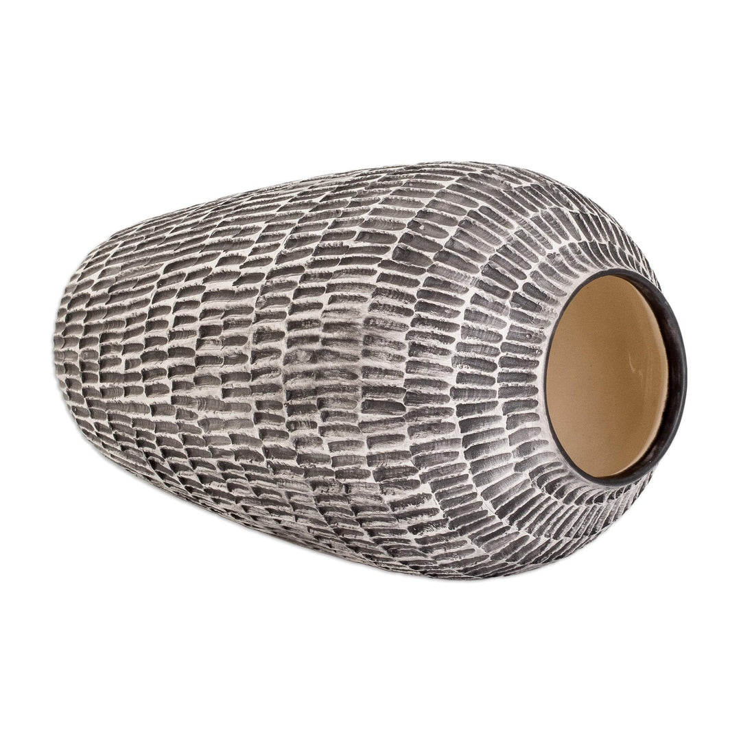 Modern Textured Hand-Painted Ivory and Black Ceramic Vase - Natural Feel in Black