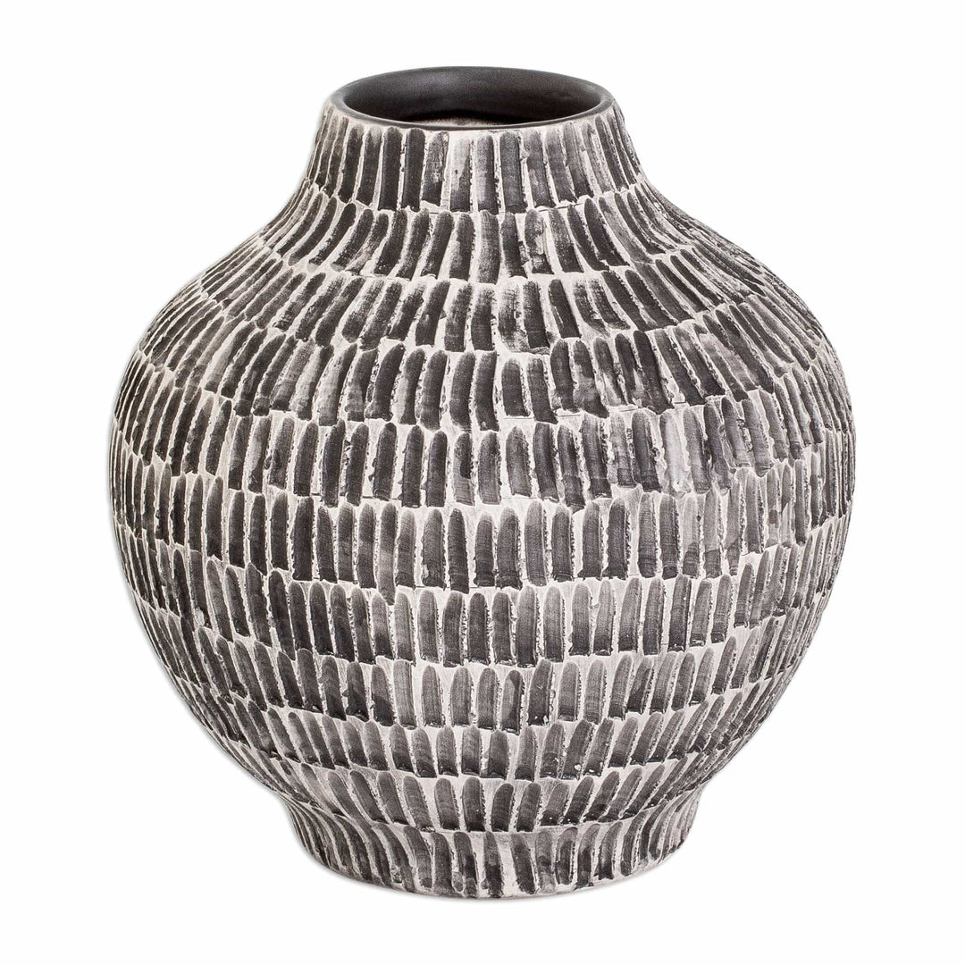 Hand-Painted Textured Ceramic Vase in Ivory and Black - Exquisite Shape in Black