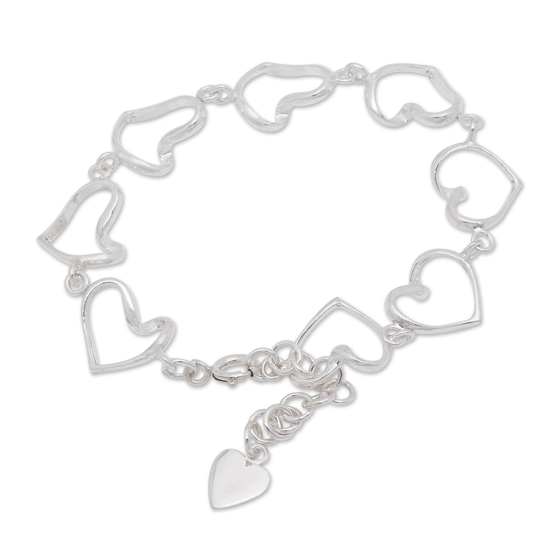 Polished Romantic Heart-Themed Sterling Silver Link Bracelet - Linked Romance