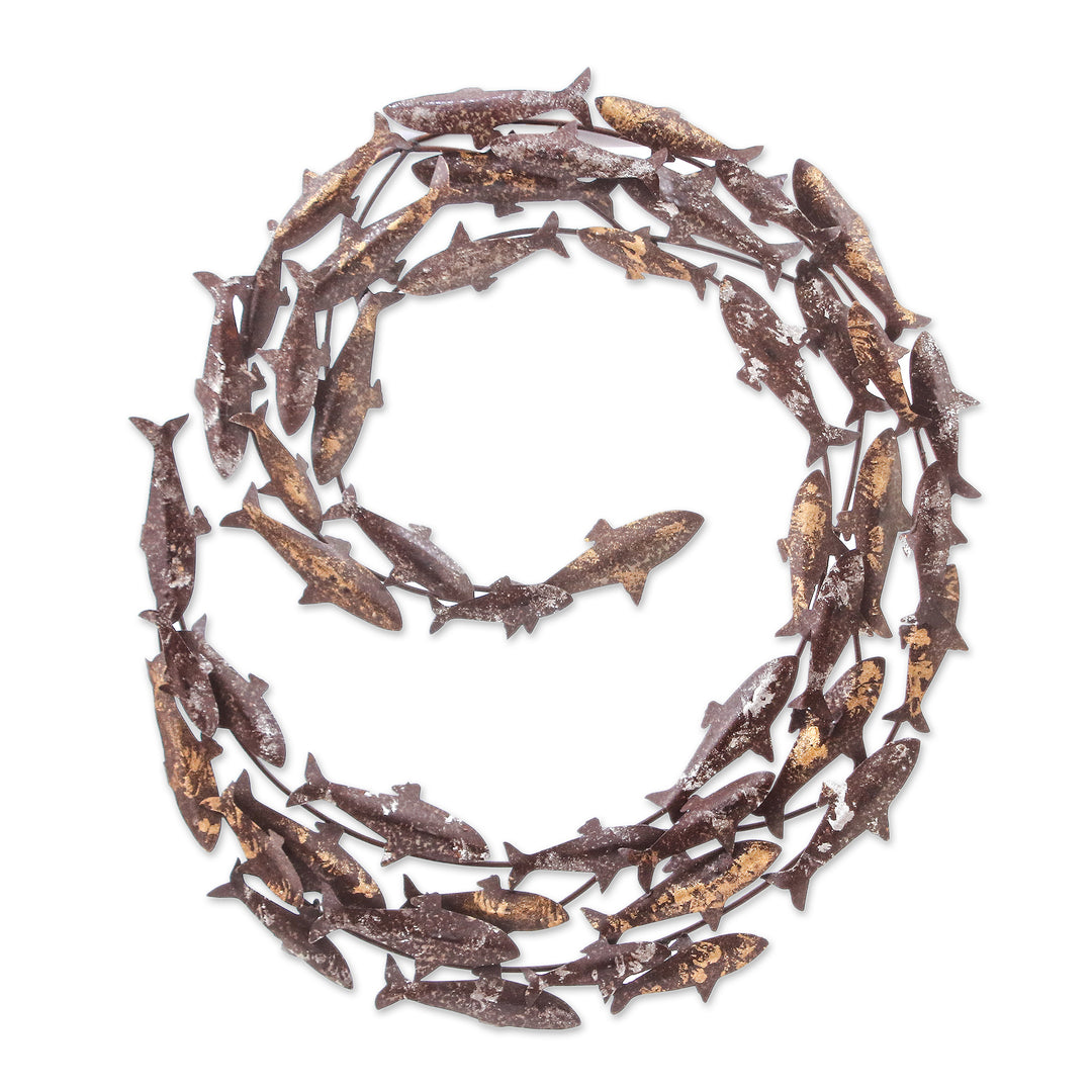 Whirlpool-Shaped Golden and Silver Koi Fish Steel Wall Art - Hypnotic Lake