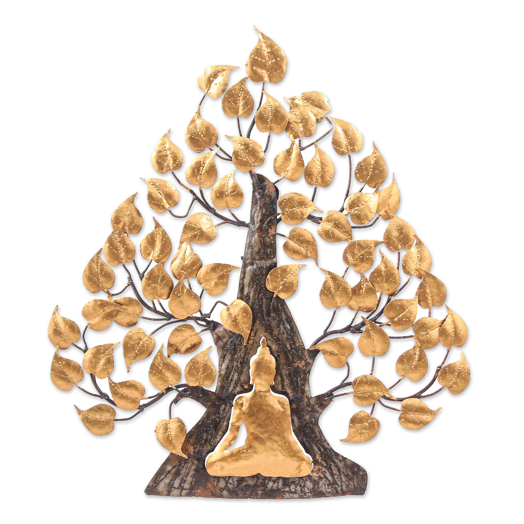 Handmade Gold Foil and Steel Wall Art of Buddha and Tree - Buddha's Forest
