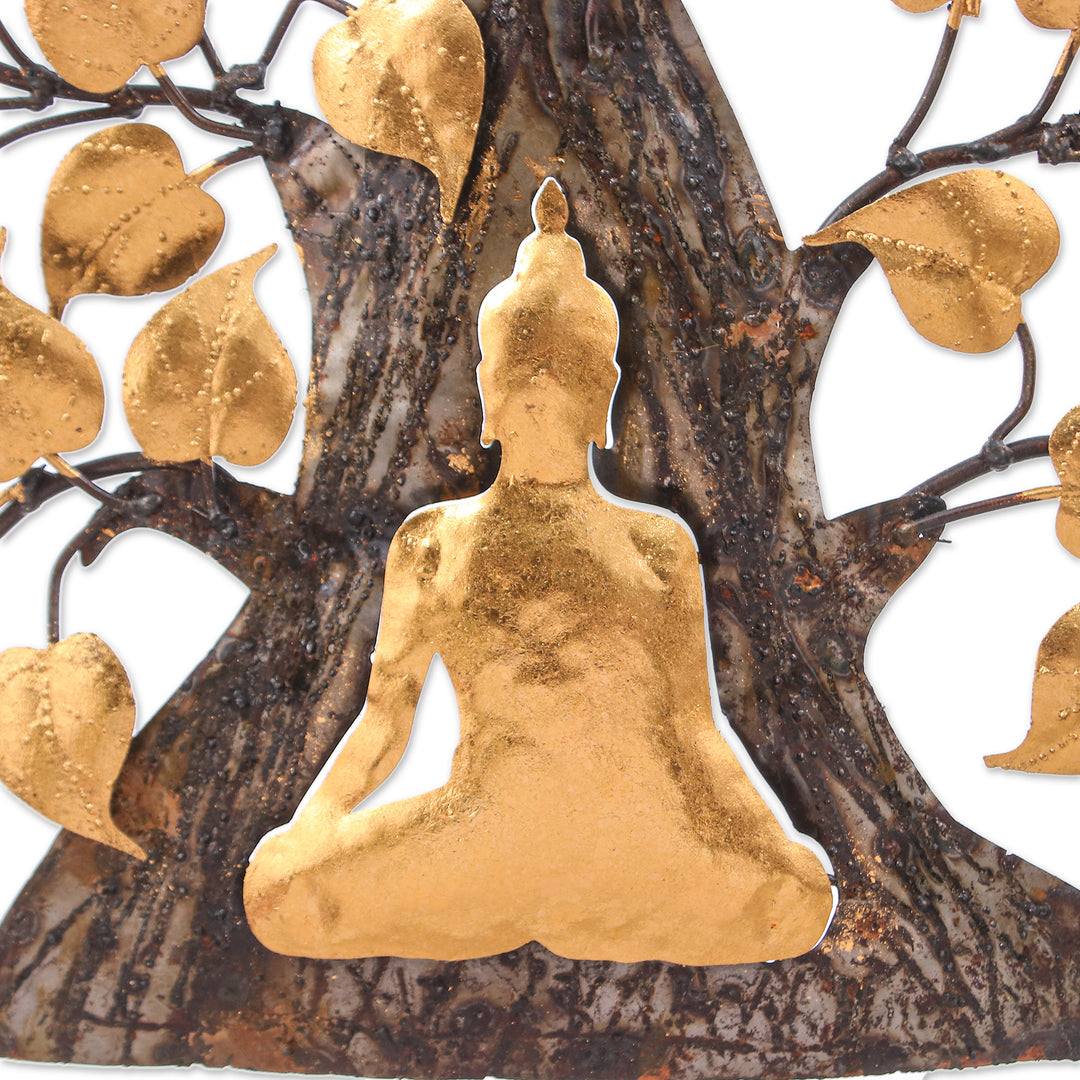 Handmade Gold Foil and Steel Wall Art of Buddha and Tree - Buddha's Forest