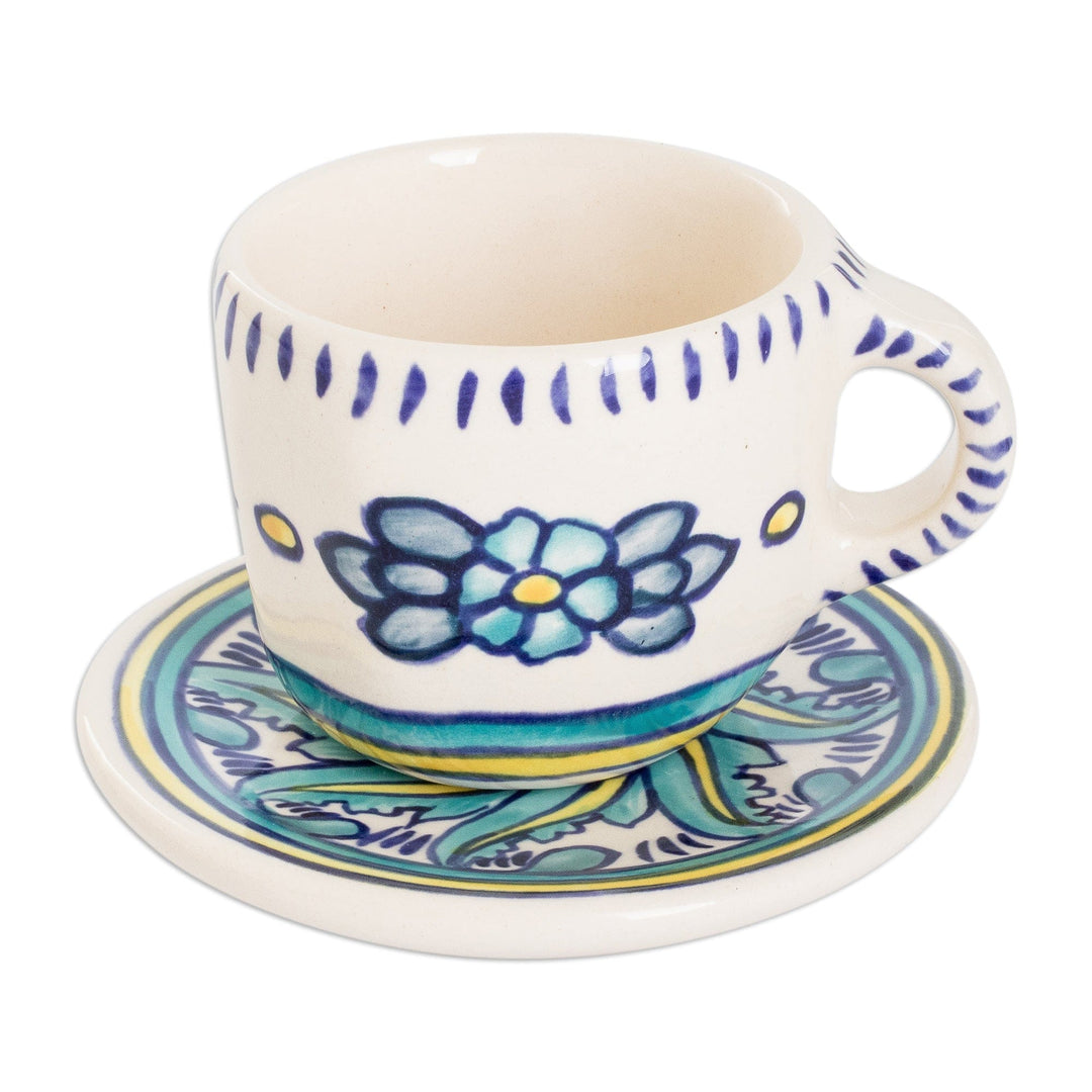 Hand-Painted Ceramic Cup and Saucer with Floral Wavy Motifs - Bermuda