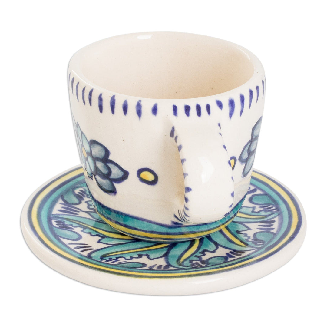 Hand-Painted Ceramic Cup and Saucer with Floral Wavy Motifs - Bermuda