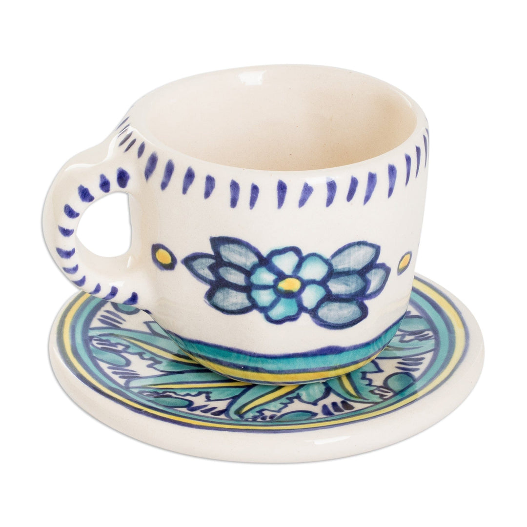 Hand-Painted Ceramic Cup and Saucer with Floral Wavy Motifs - Bermuda