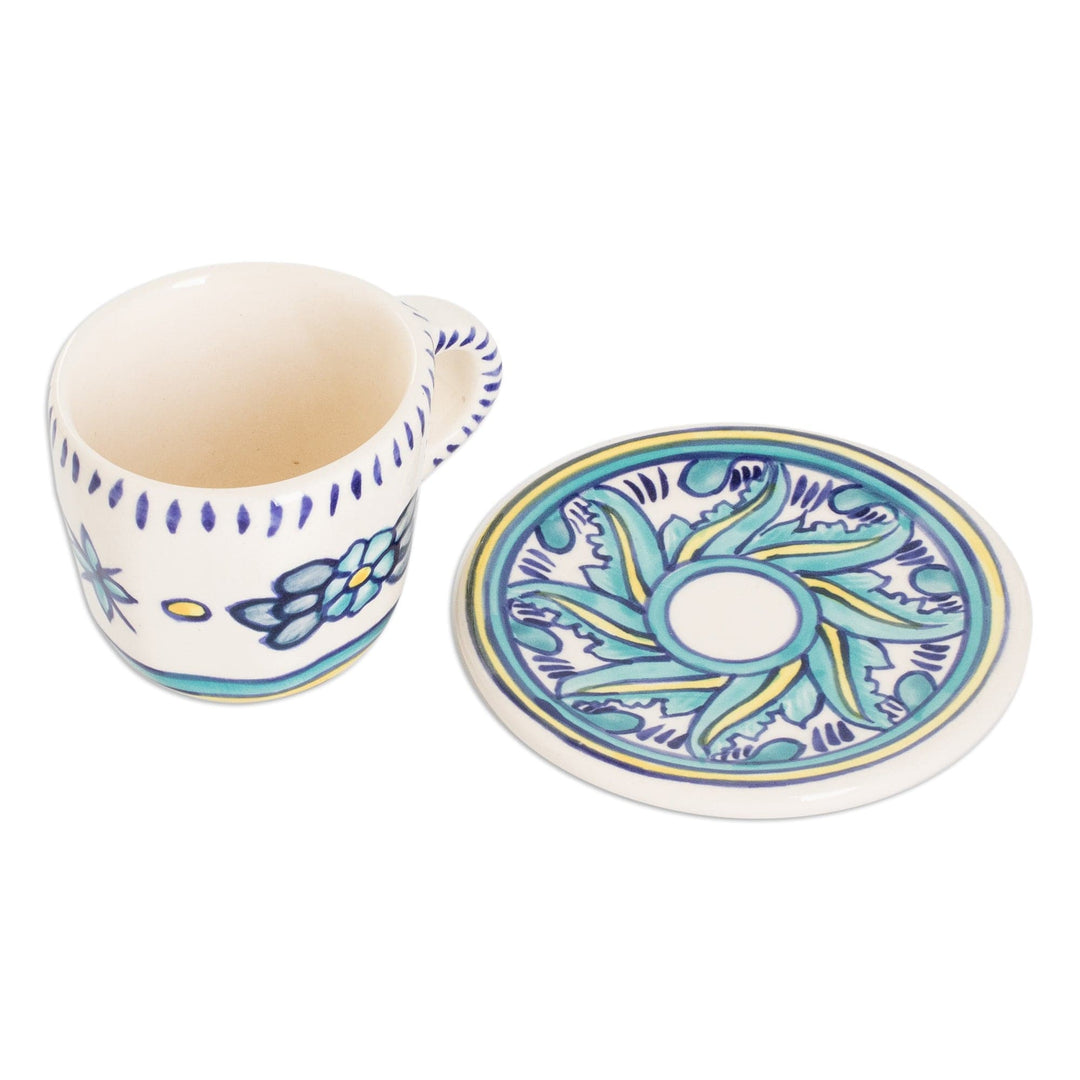 Hand-Painted Ceramic Cup and Saucer with Floral Wavy Motifs - Bermuda