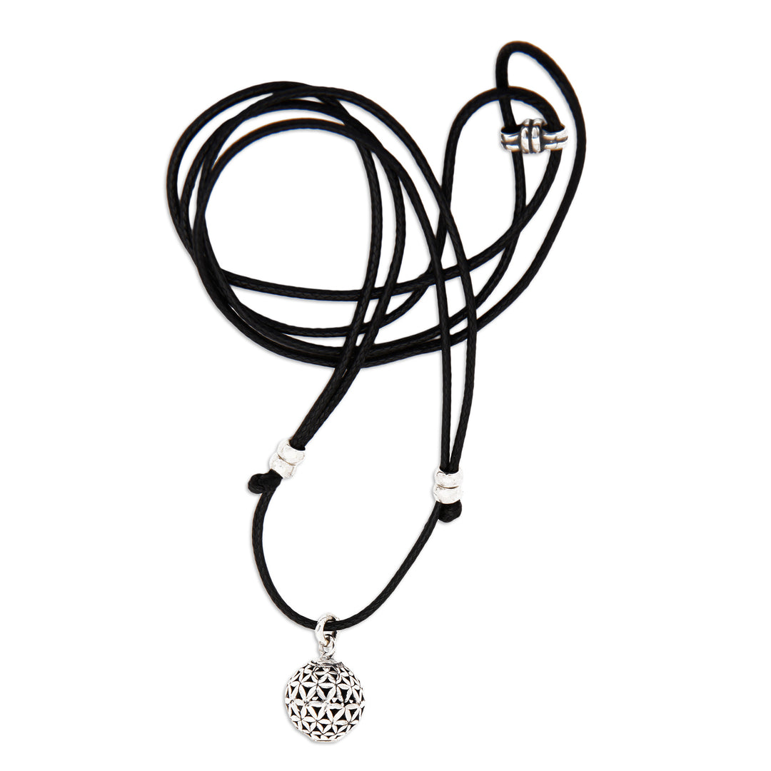 Sterling Silver Floral Pendant Necklace with Adjustable Cord - Floral Orb