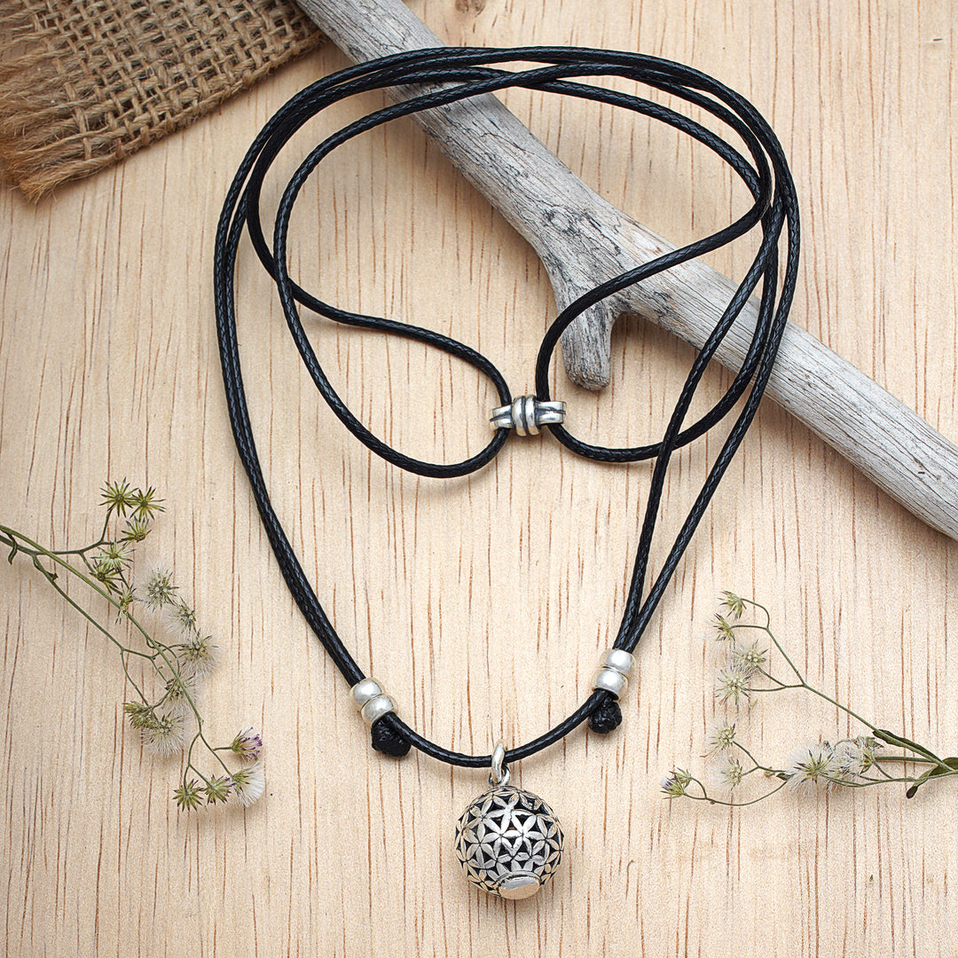 Sterling Silver Floral Pendant Necklace with Adjustable Cord - Floral Orb