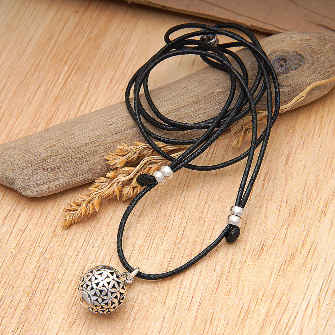 Sterling Silver Floral Pendant Necklace with Adjustable Cord - Floral Orb
