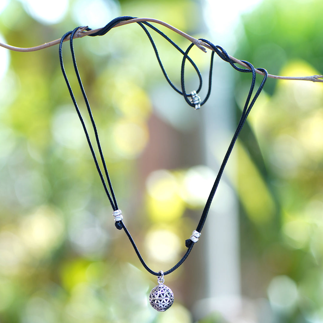 Sterling Silver Floral Pendant Necklace with Adjustable Cord - Floral Orb