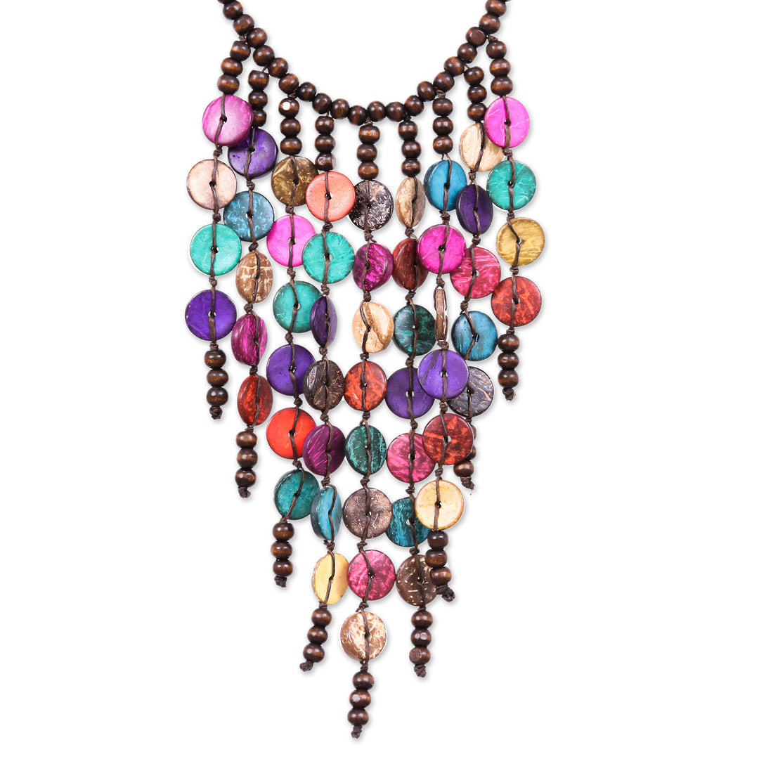 Painted Wood and Coconut Shell Beaded Waterfall Necklace - Colorful Waters
