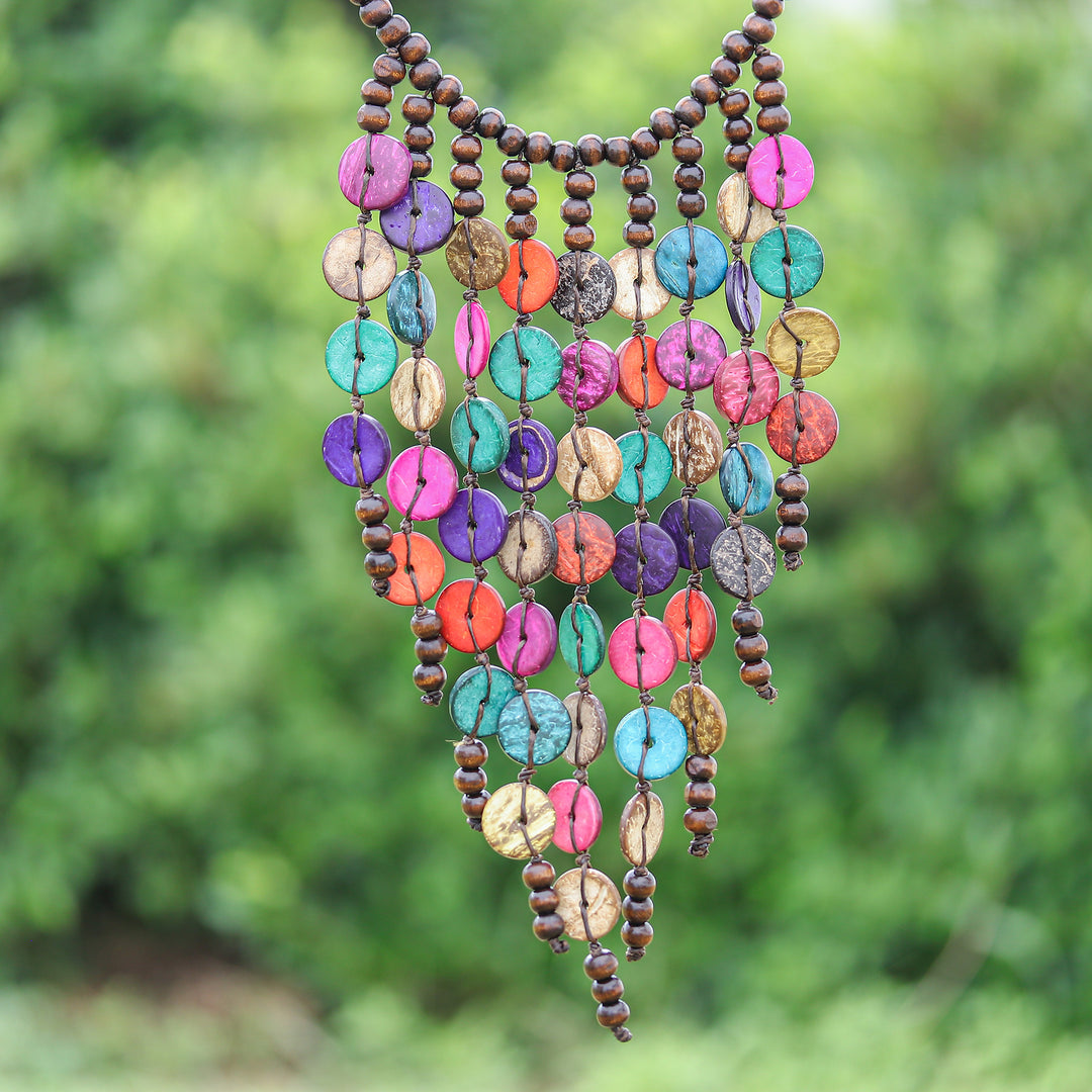 Painted Wood and Coconut Shell Beaded Waterfall Necklace - Colorful Waters