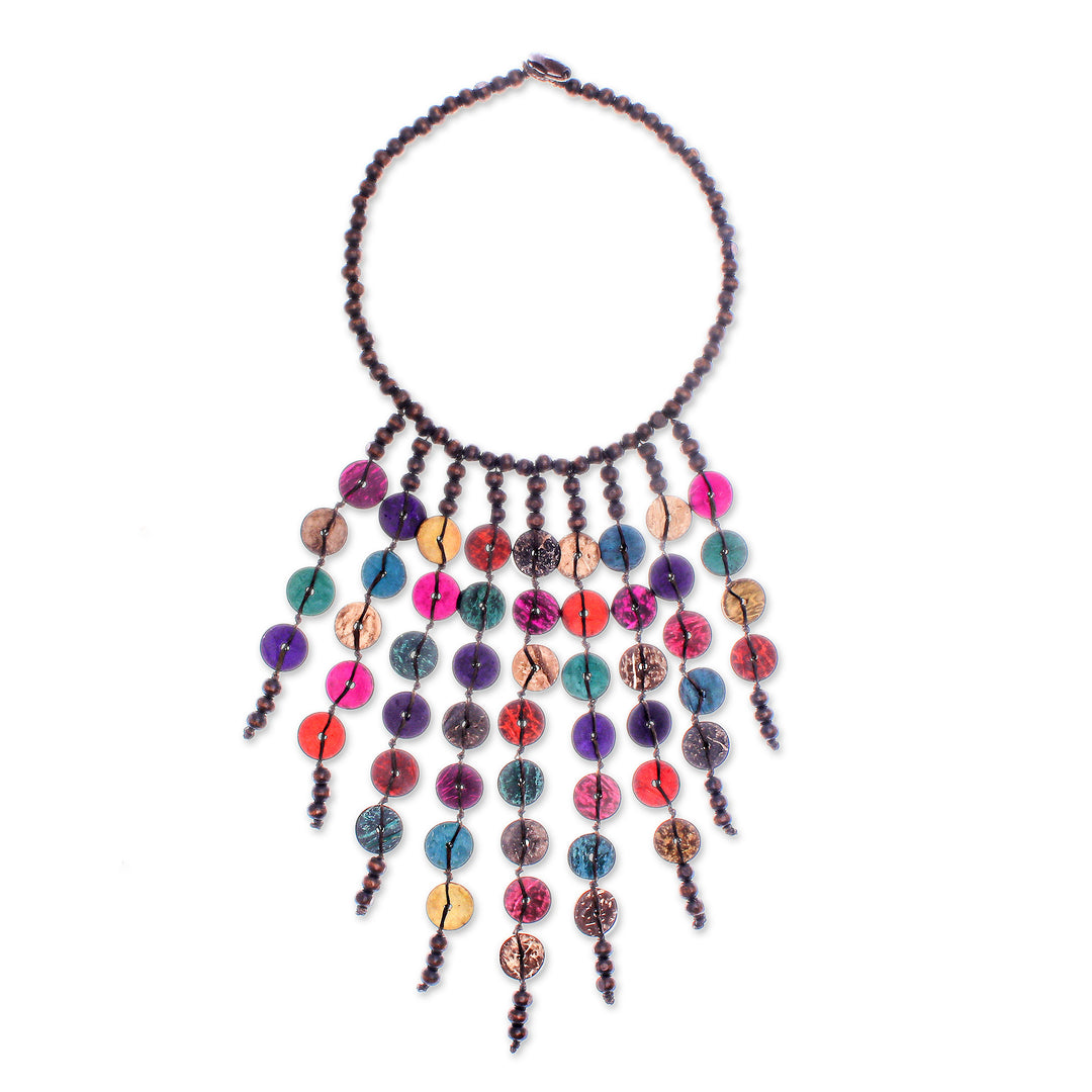 Painted Wood and Coconut Shell Beaded Waterfall Necklace - Colorful Waters