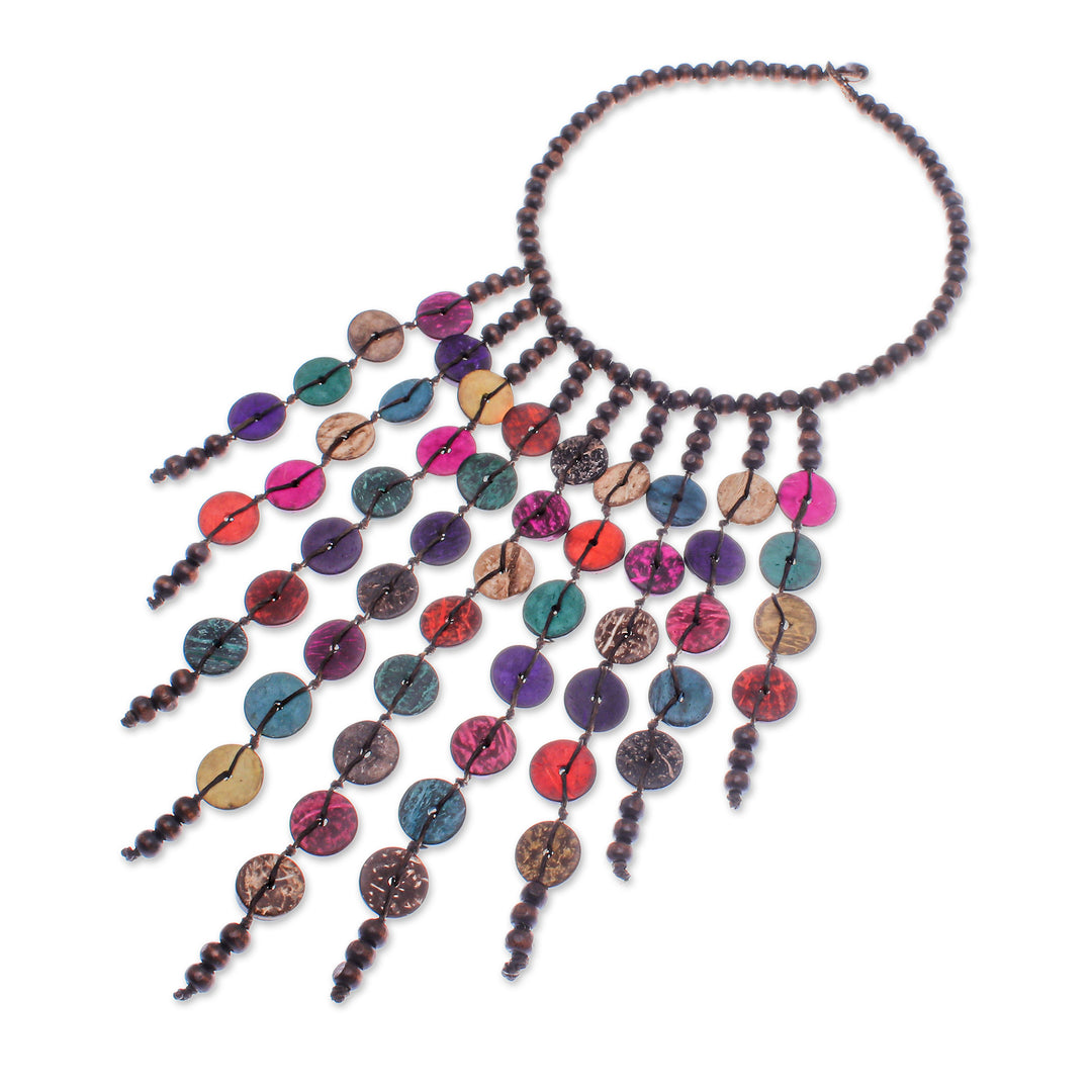 Painted Wood and Coconut Shell Beaded Waterfall Necklace - Colorful Waters