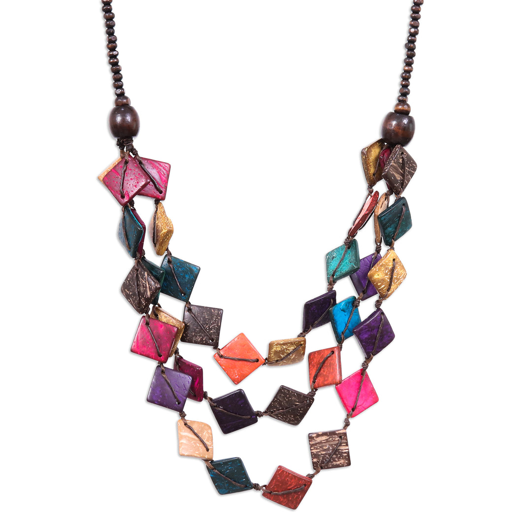 Hand-Painted Wood and Coconut Shell Beaded Strand Necklace - Oneiric Diamonds