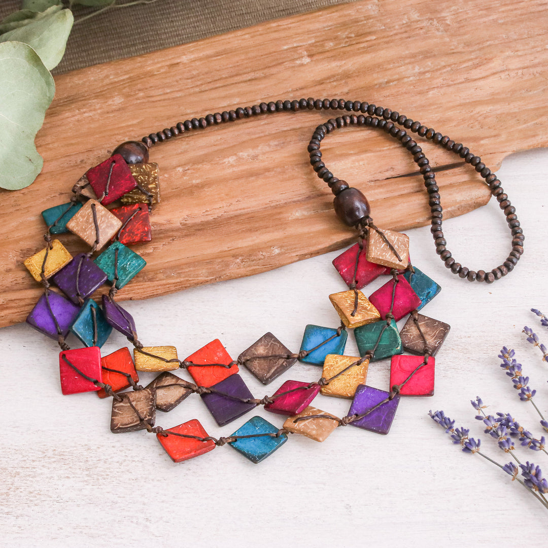 Hand-Painted Wood and Coconut Shell Beaded Strand Necklace - Oneiric Diamonds