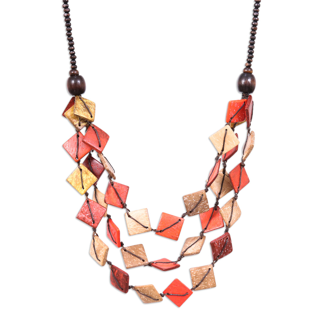 Red and Golden Wood and Coconut Shell Beaded Strand Necklace - Fire Diamonds