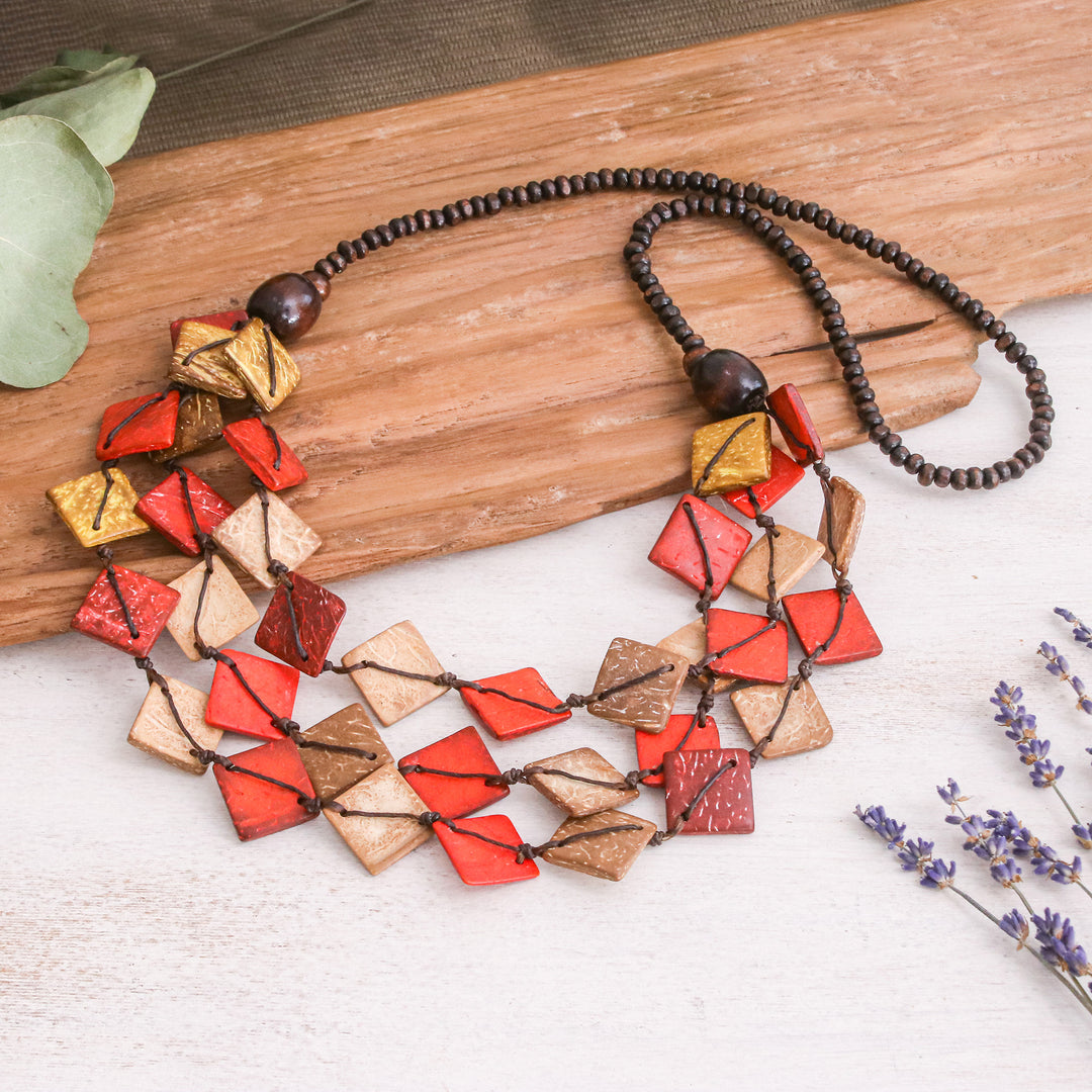 Red and Golden Wood and Coconut Shell Beaded Strand Necklace - Fire Diamonds