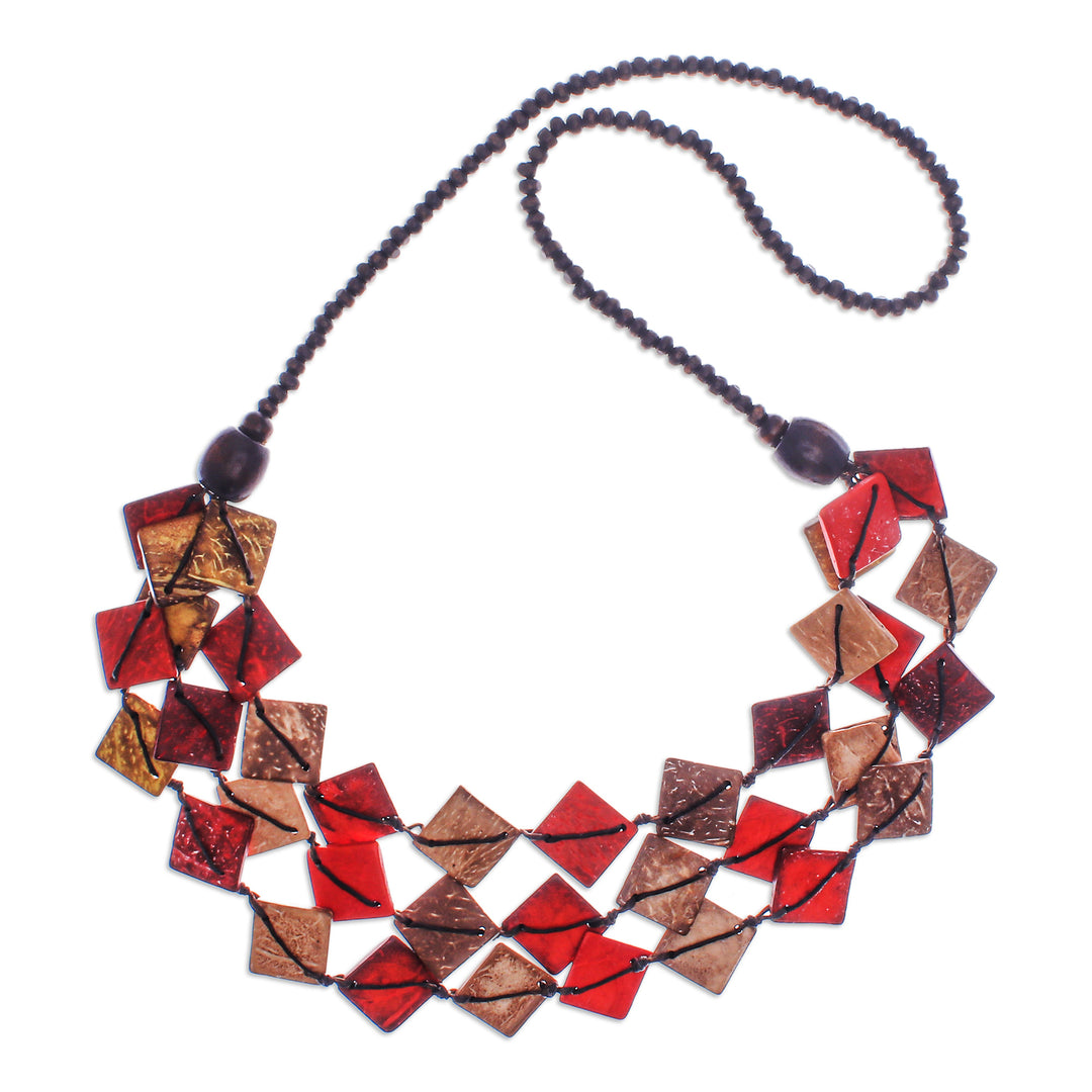 Red and Golden Wood and Coconut Shell Beaded Strand Necklace - Fire Diamonds