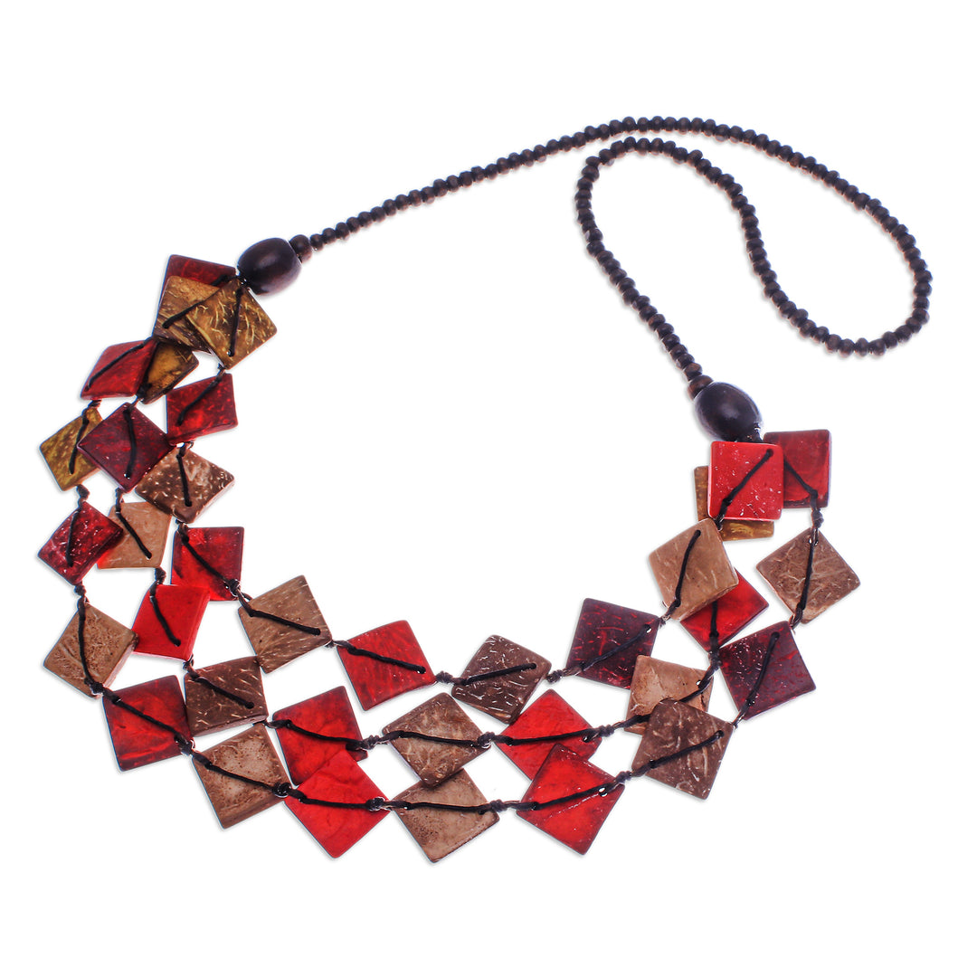 Red and Golden Wood and Coconut Shell Beaded Strand Necklace - Fire Diamonds