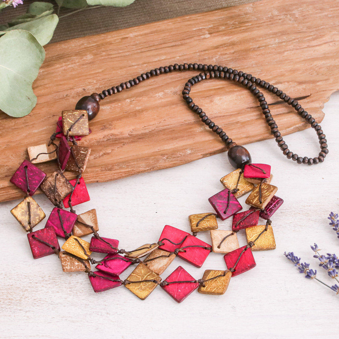 Pink and Golden Coconut Shell Beaded Strand Necklace - Tender Diamonds