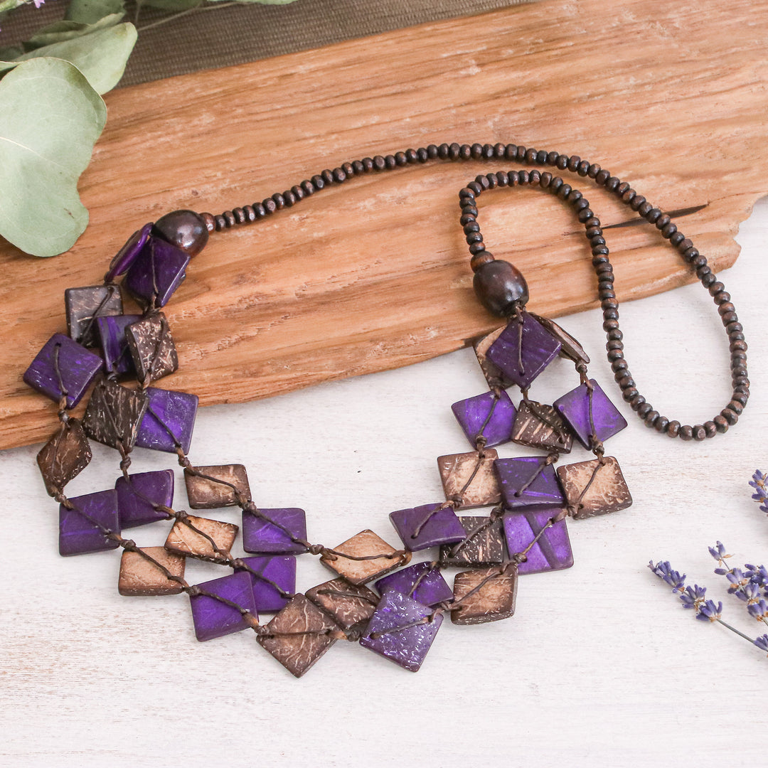 Purple Wood and Coconut Shell Beaded Strand Necklace - Enchanted Diamonds