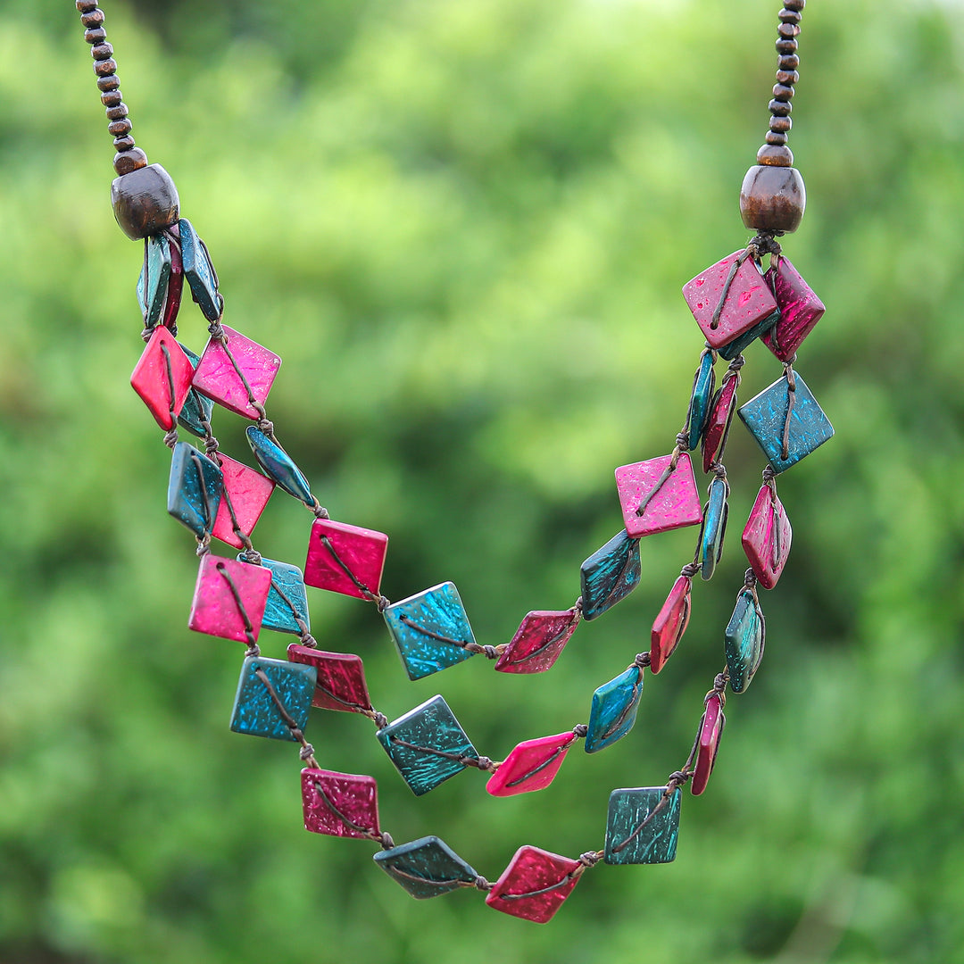 Pink and Turquoise and Coconut Shell Beaded Strand Necklace - Dreamy Diamonds