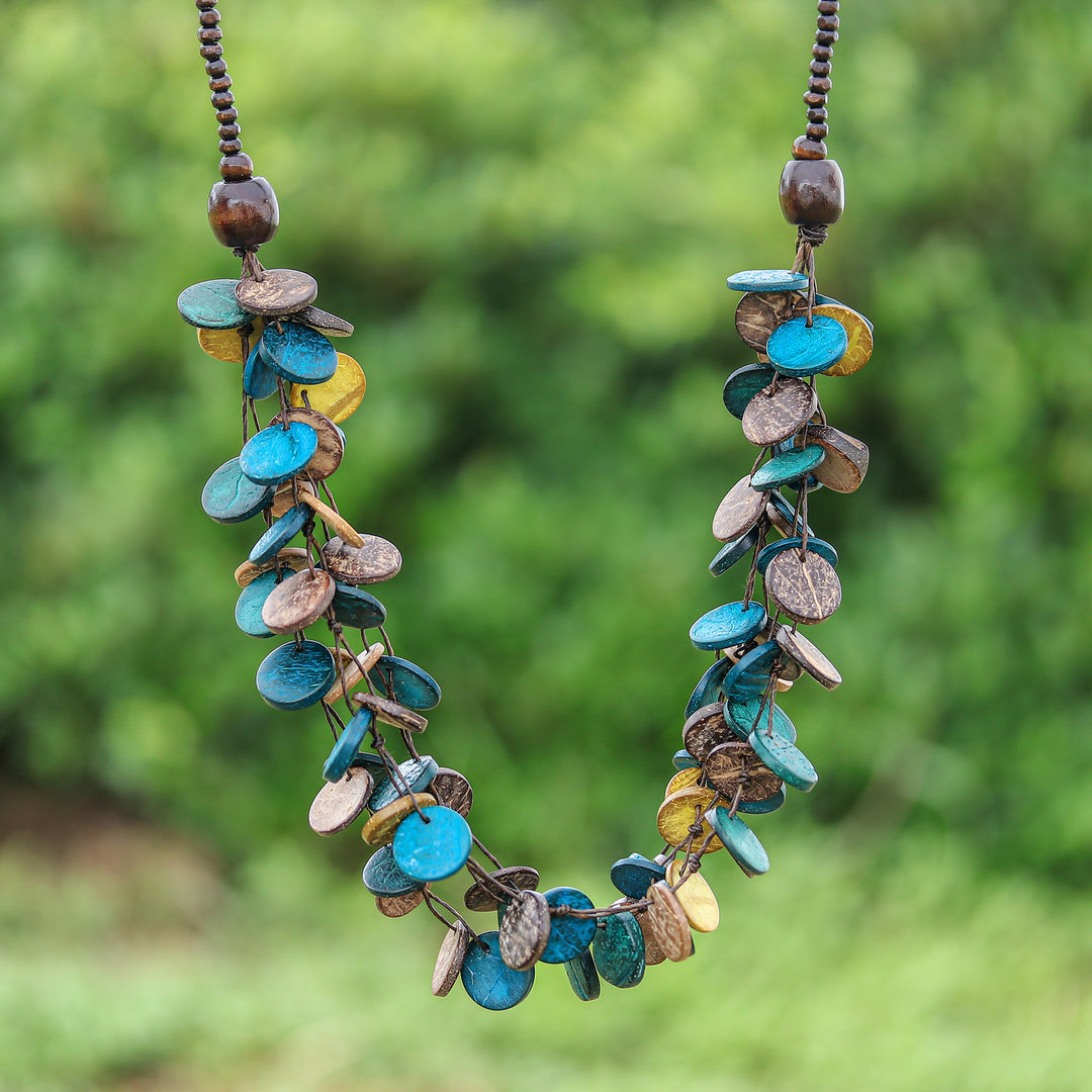 Teal and Golden Round Wood Beaded Three-Strand Necklace - Cycles of Majesty