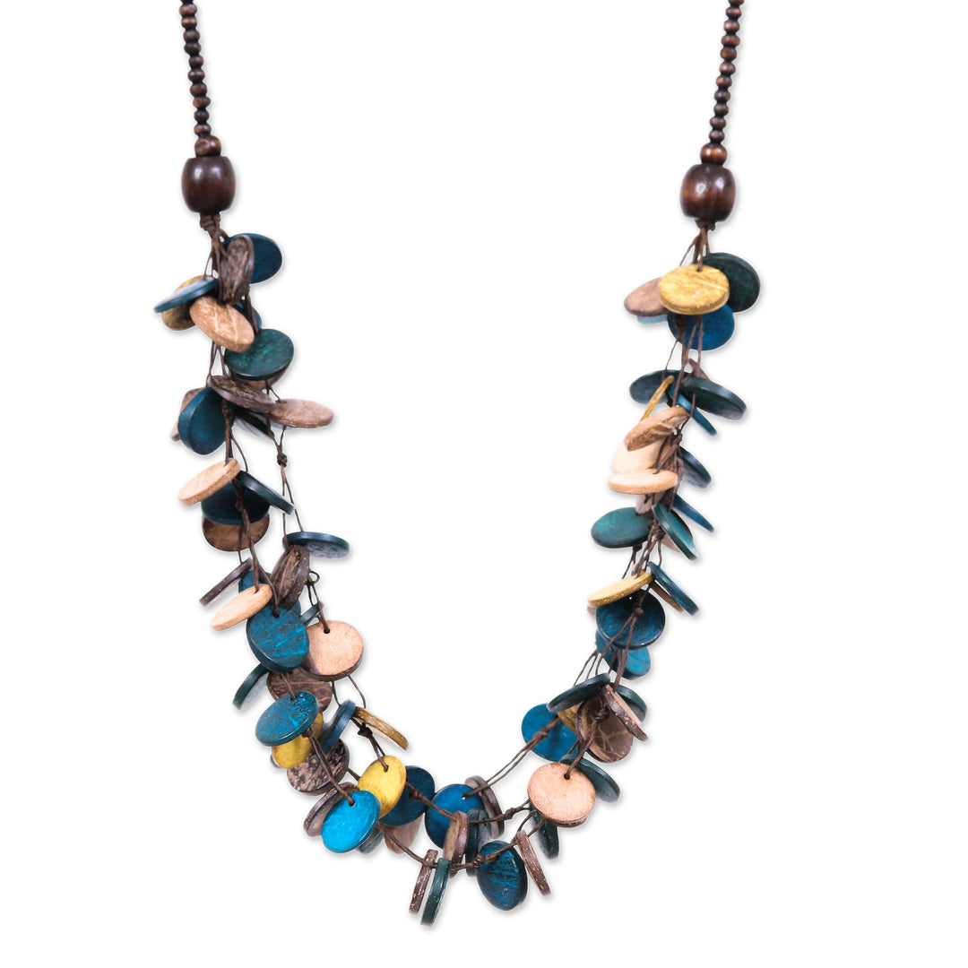 Teal and Golden Round Wood Beaded Three-Strand Necklace - Cycles of Majesty