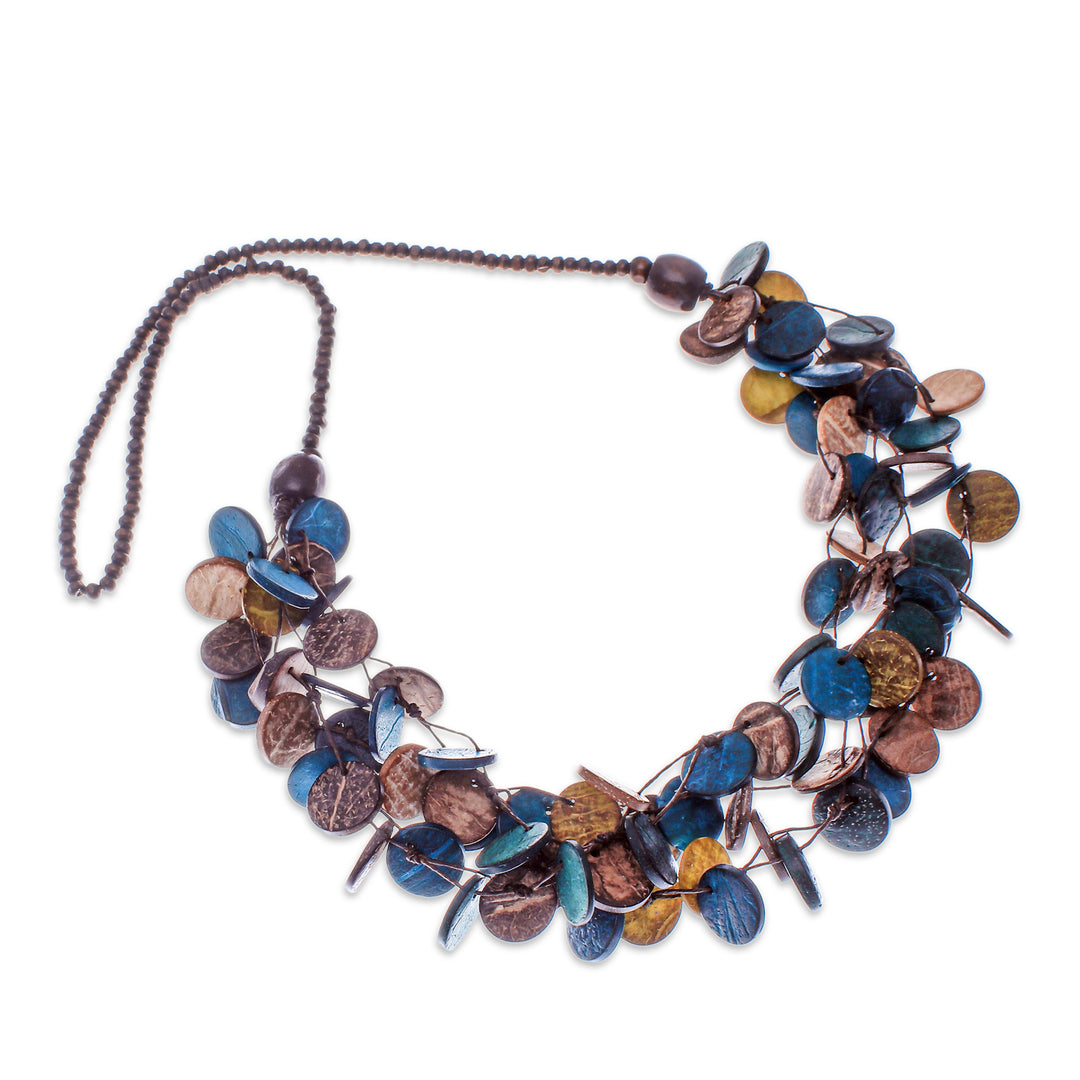 Teal and Golden Round Wood Beaded Three-Strand Necklace - Cycles of Majesty
