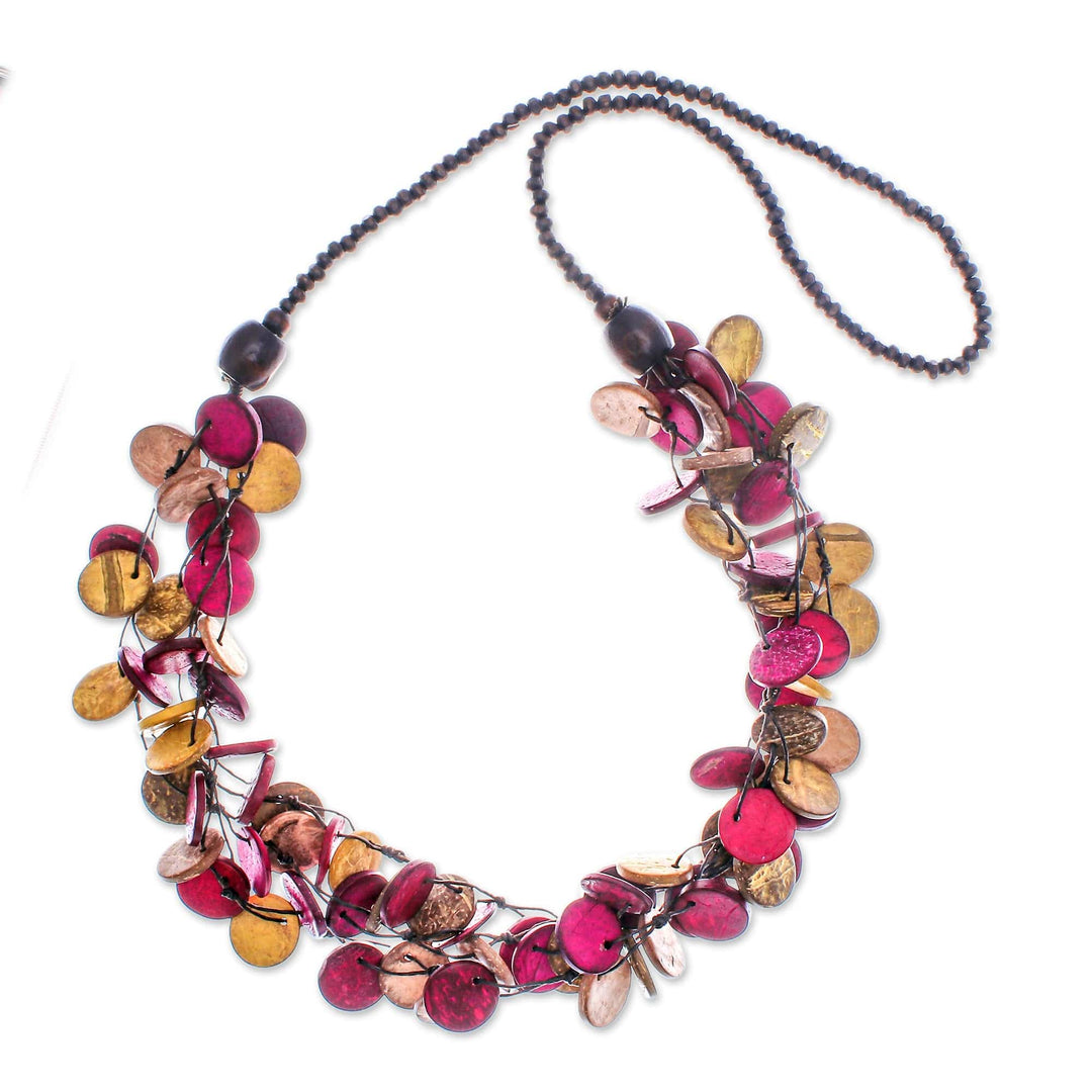 Fuchsia and Golden Round Wood Beaded Three-Strand Necklace - Cycles of Tenderness