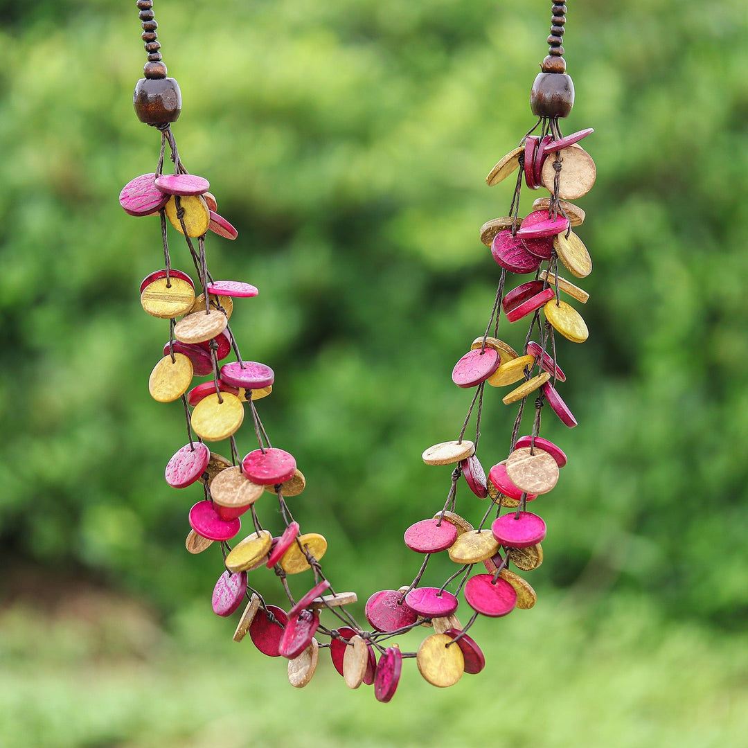 Fuchsia and Golden Round Wood Beaded Three-Strand Necklace - Cycles of Tenderness