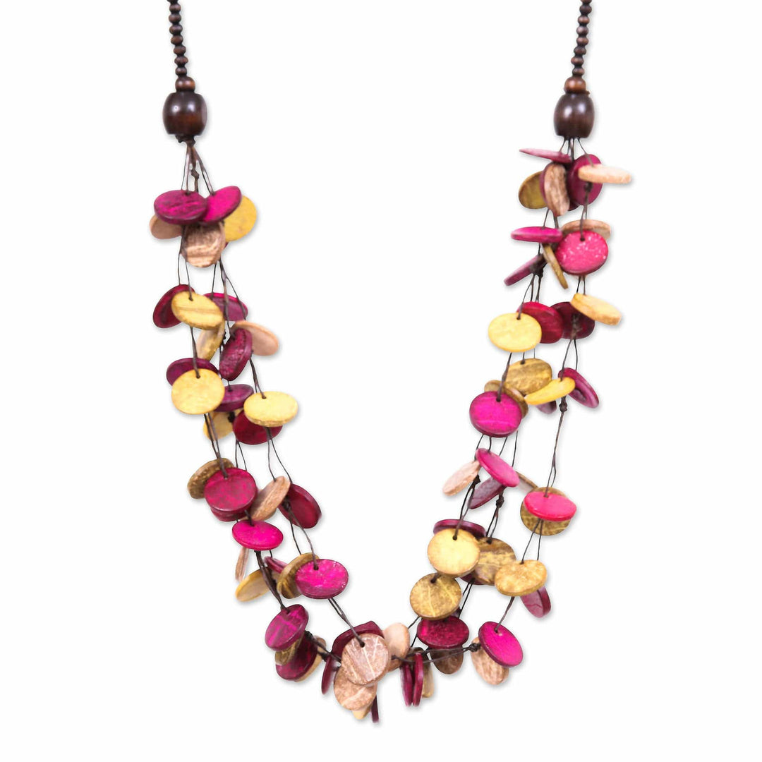 Fuchsia and Golden Round Wood Beaded Three-Strand Necklace - Cycles of Tenderness