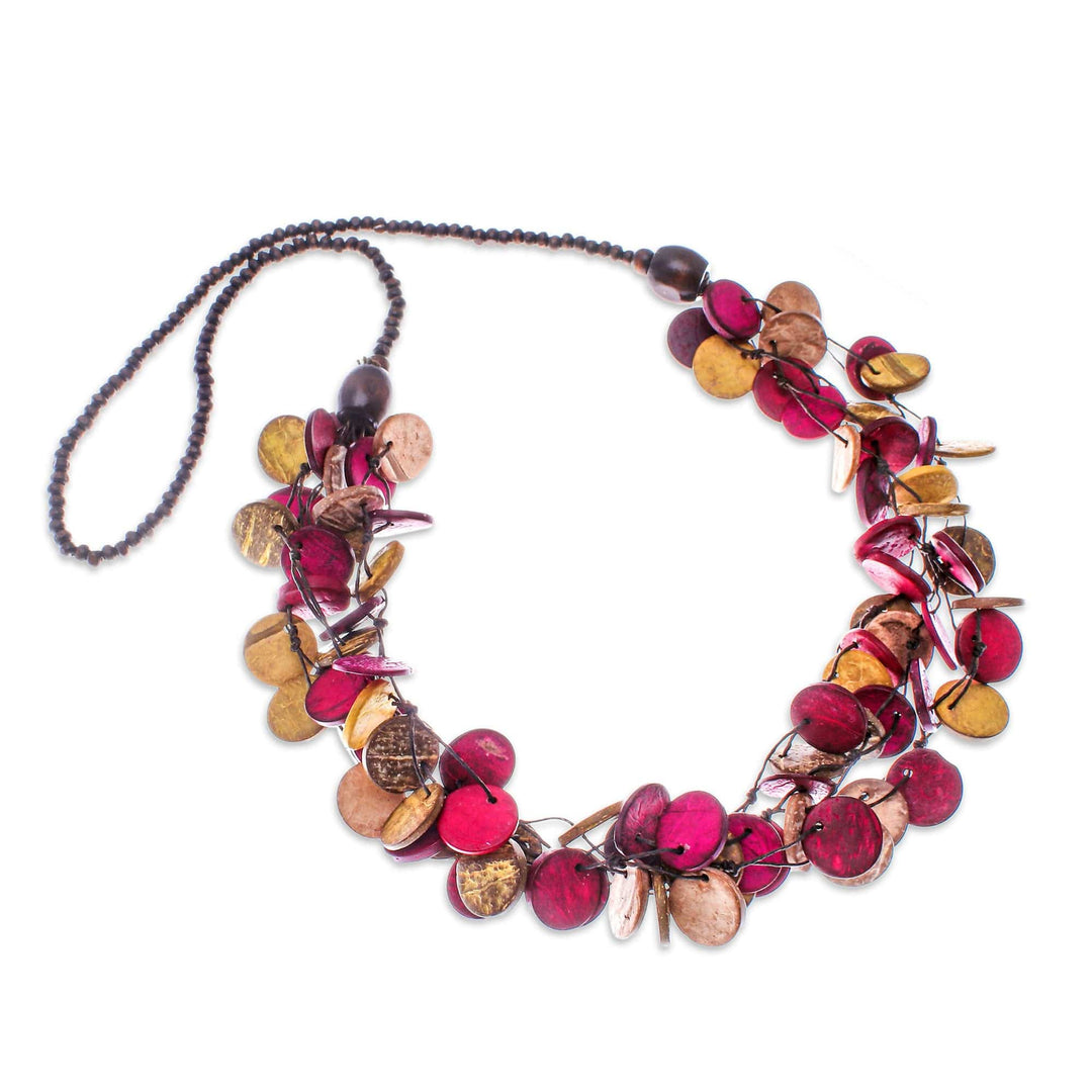 Fuchsia and Golden Round Wood Beaded Three-Strand Necklace - Cycles of Tenderness