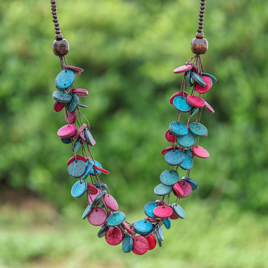 Fuchsia and Turquoise Round Wood Beaded Strand Necklace - Cycles of Fantasy