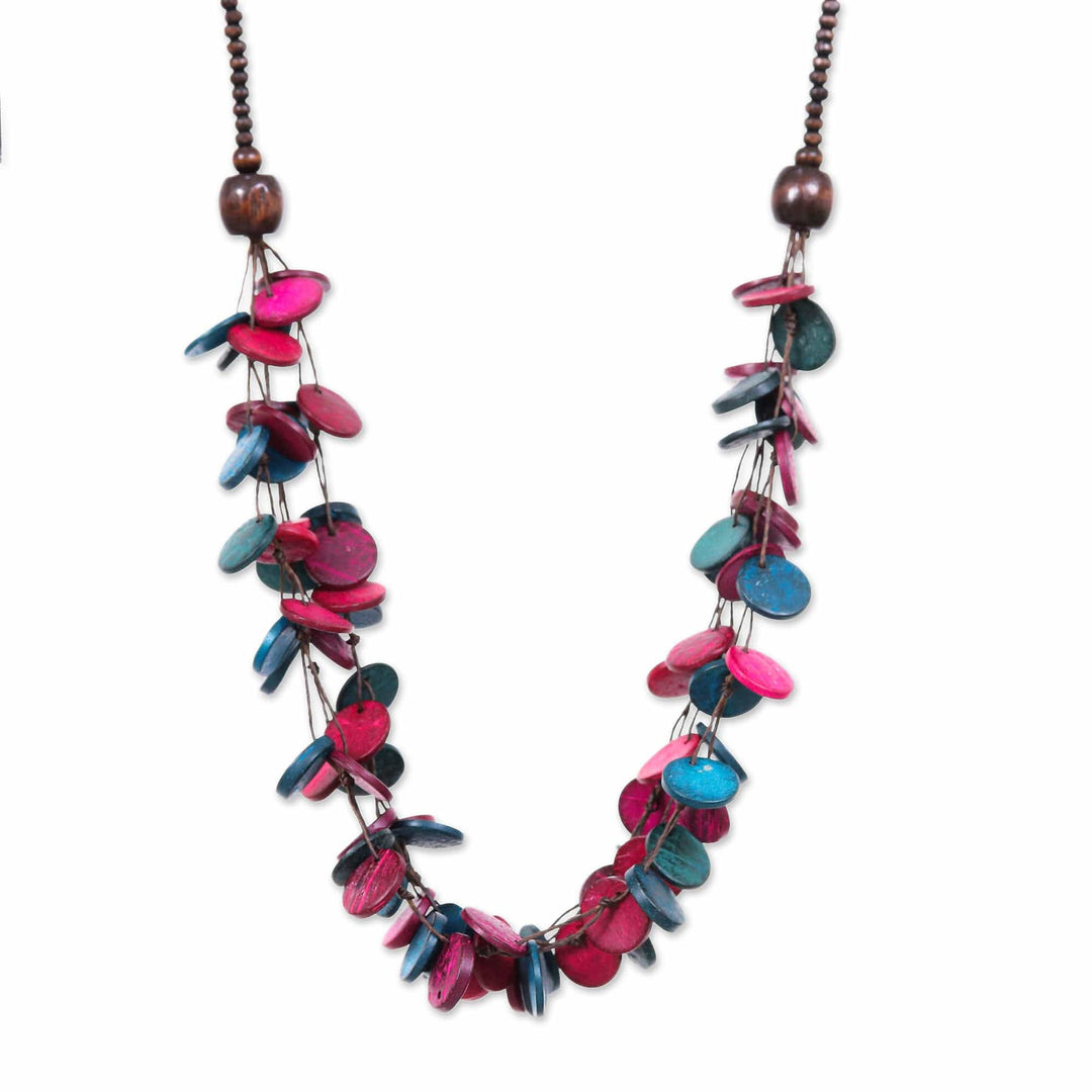 Fuchsia and Turquoise Round Wood Beaded Strand Necklace - Cycles of Fantasy