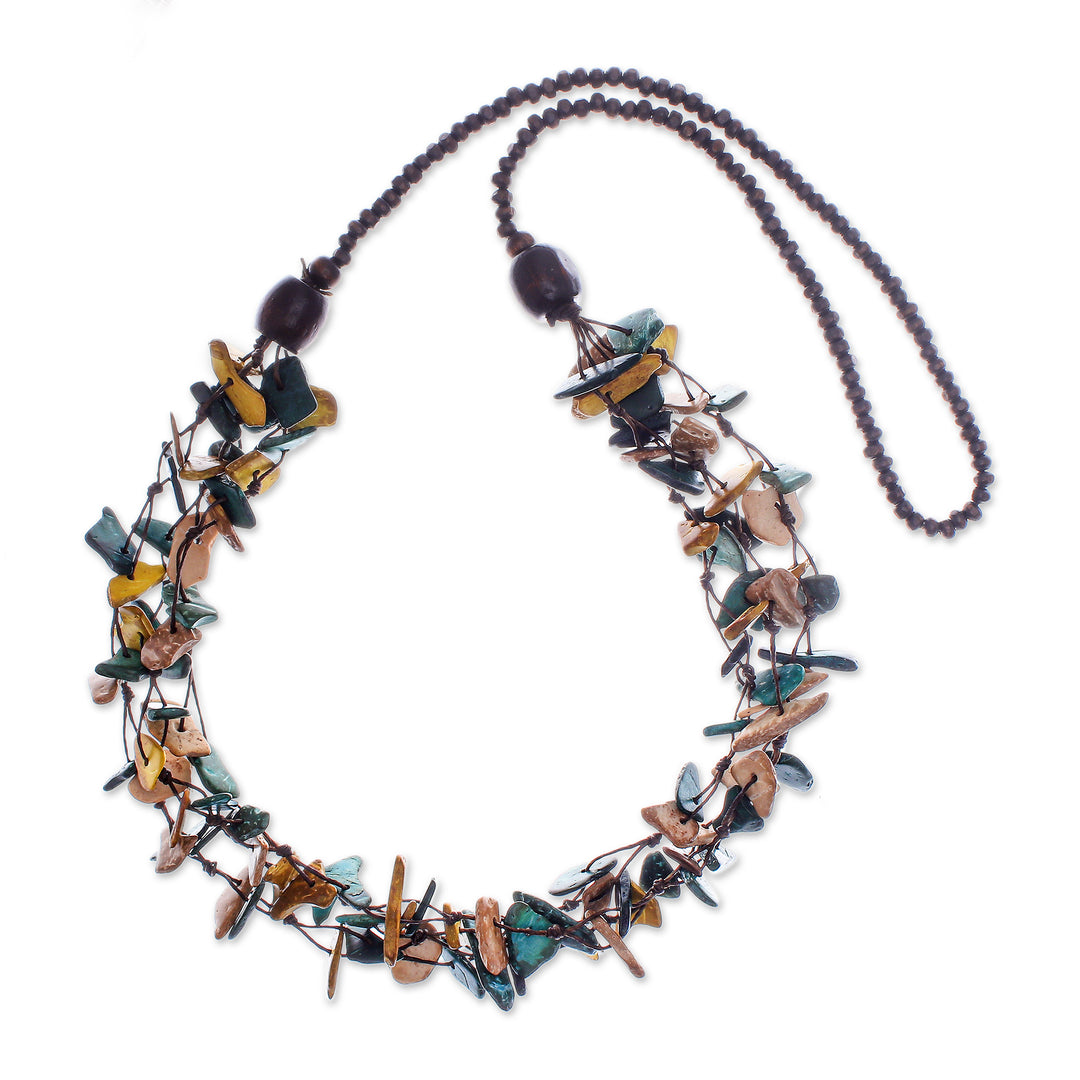 Hand-Painted Teal and Golden Beaded Three-Strand Necklace - Fragments of Majesty