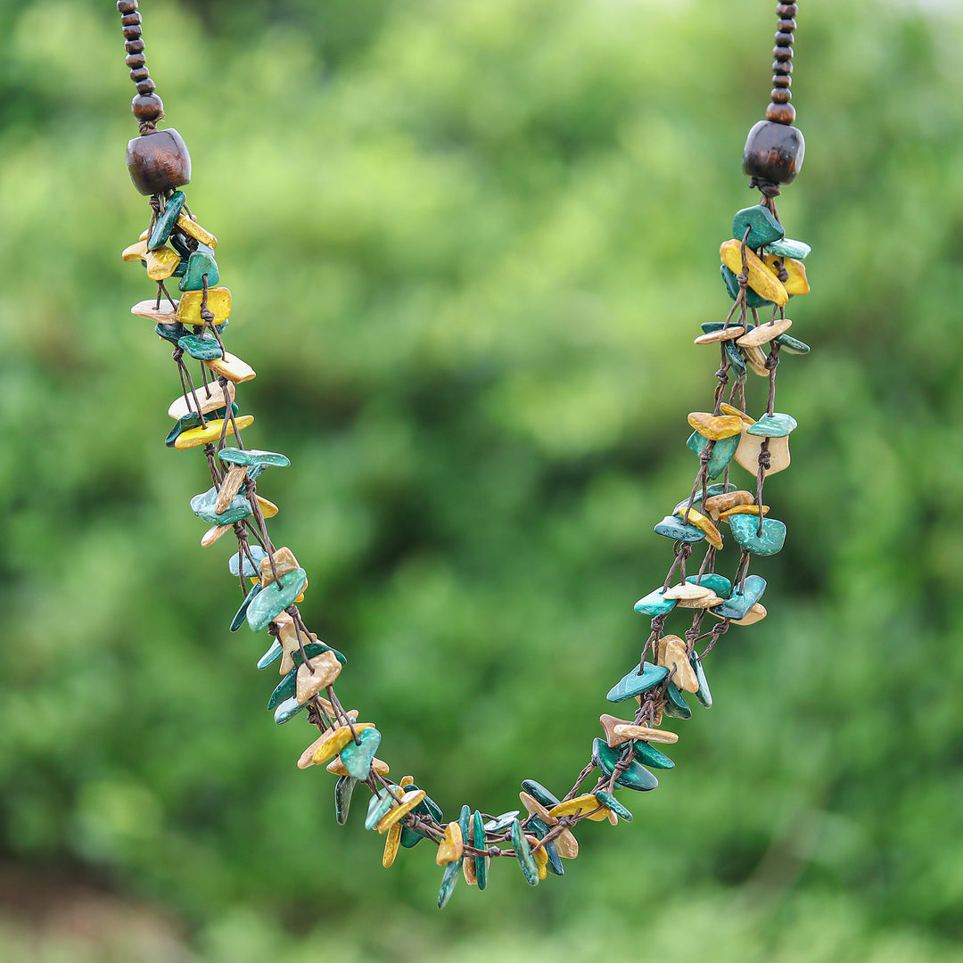Hand-Painted Teal and Golden Beaded Three-Strand Necklace - Fragments of Majesty