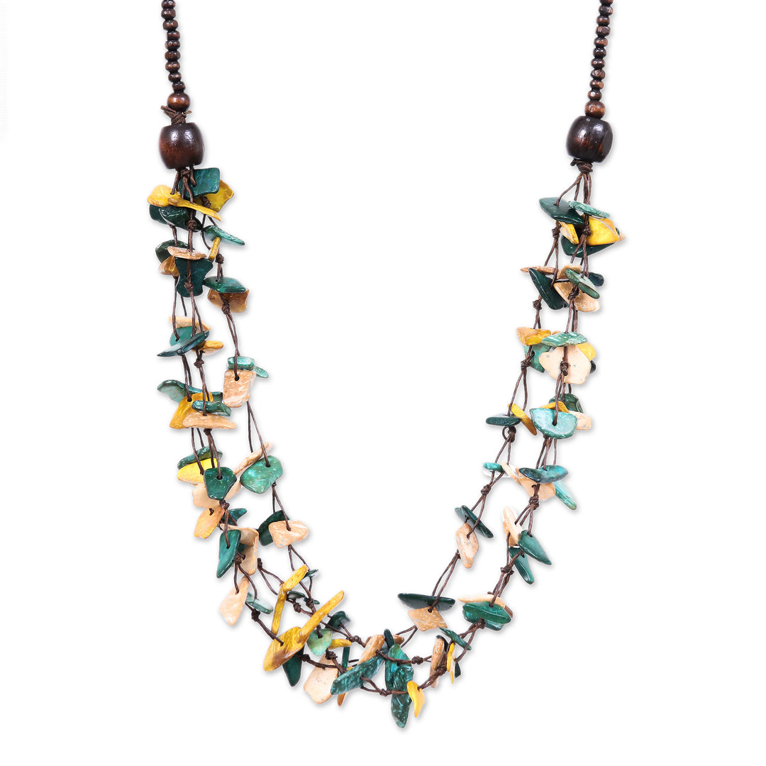 Hand-Painted Teal and Golden Beaded Three-Strand Necklace - Fragments of Majesty