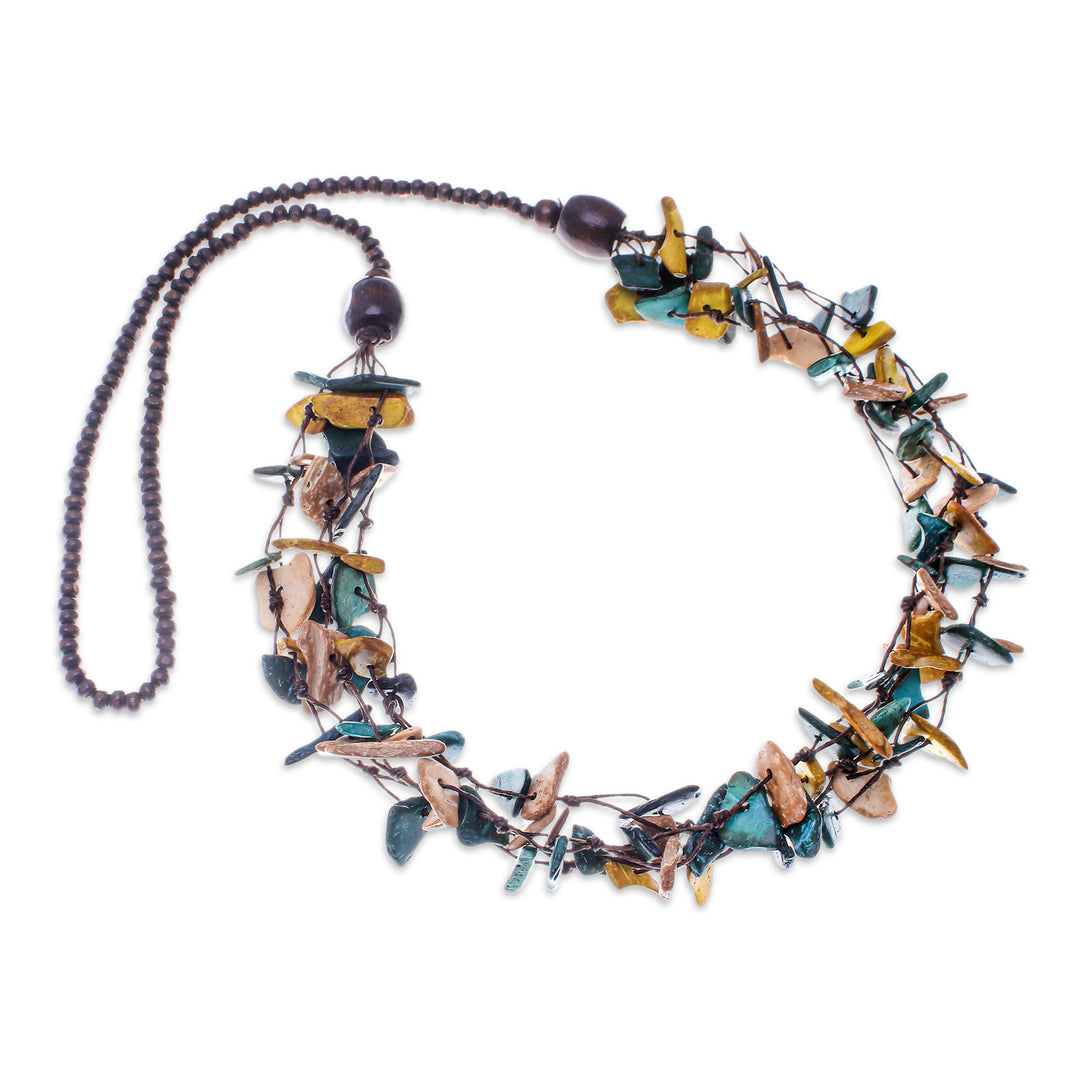 Hand-Painted Teal and Golden Beaded Three-Strand Necklace - Fragments of Majesty