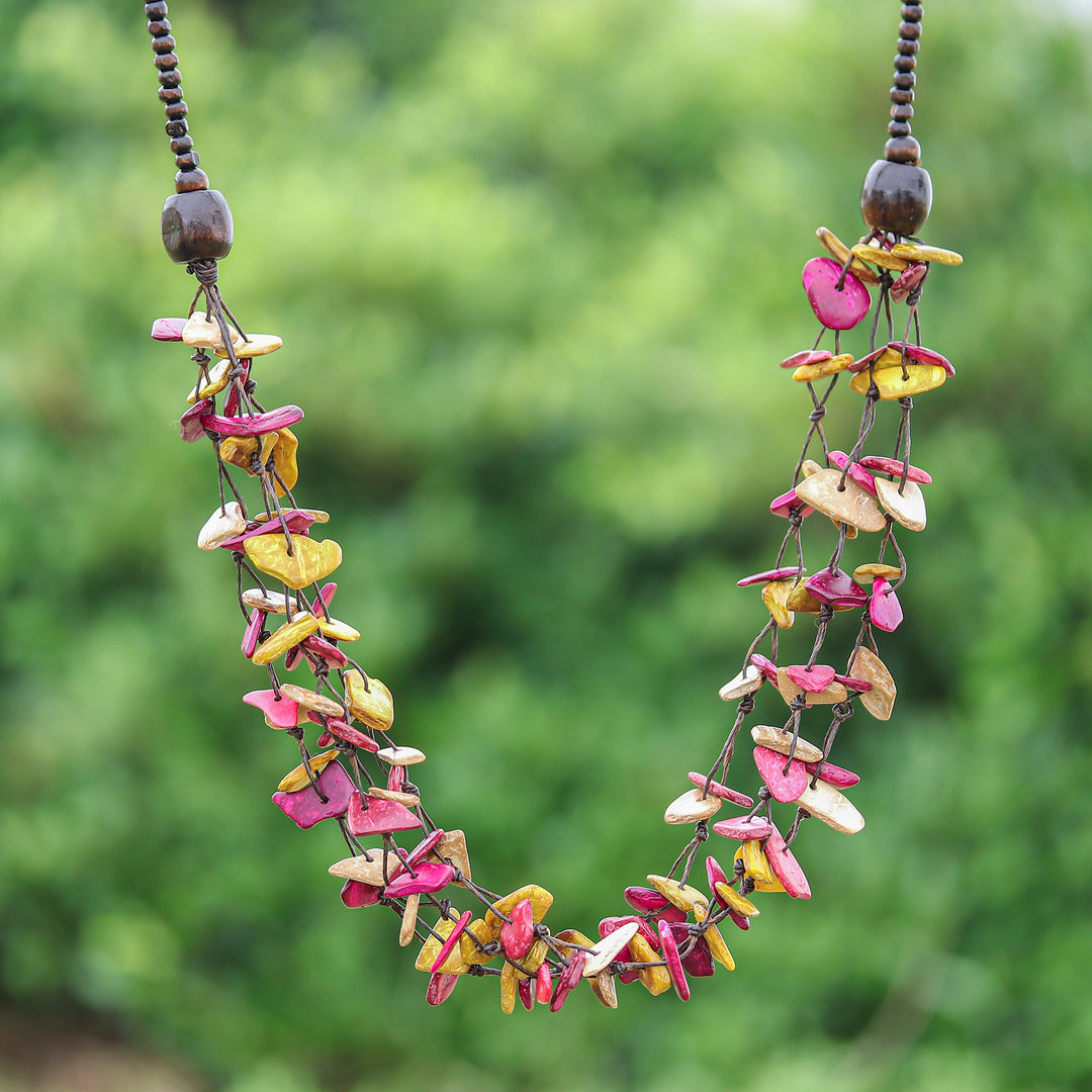 Hand-Painted Fuchsia and Yellow Beaded Three-Strand Necklace - Fragments of Sweetness