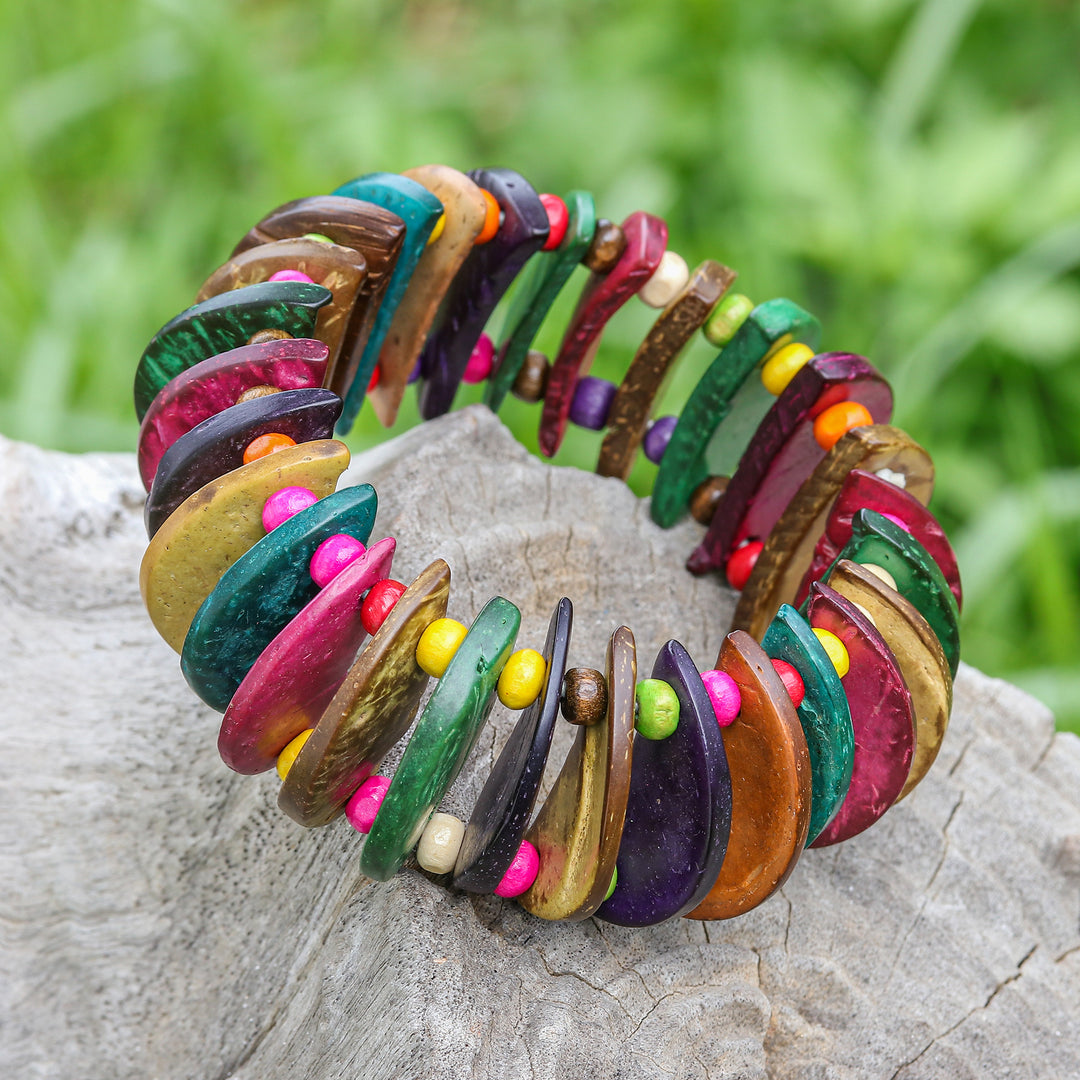 Colorful Coconut Shell Stretch Bracelet with Wooden Beads - Joy of Nature