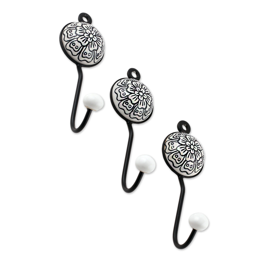 Set of 3 Ceramic Coat Hooks with Hand-Painted Floral Details - Floral White