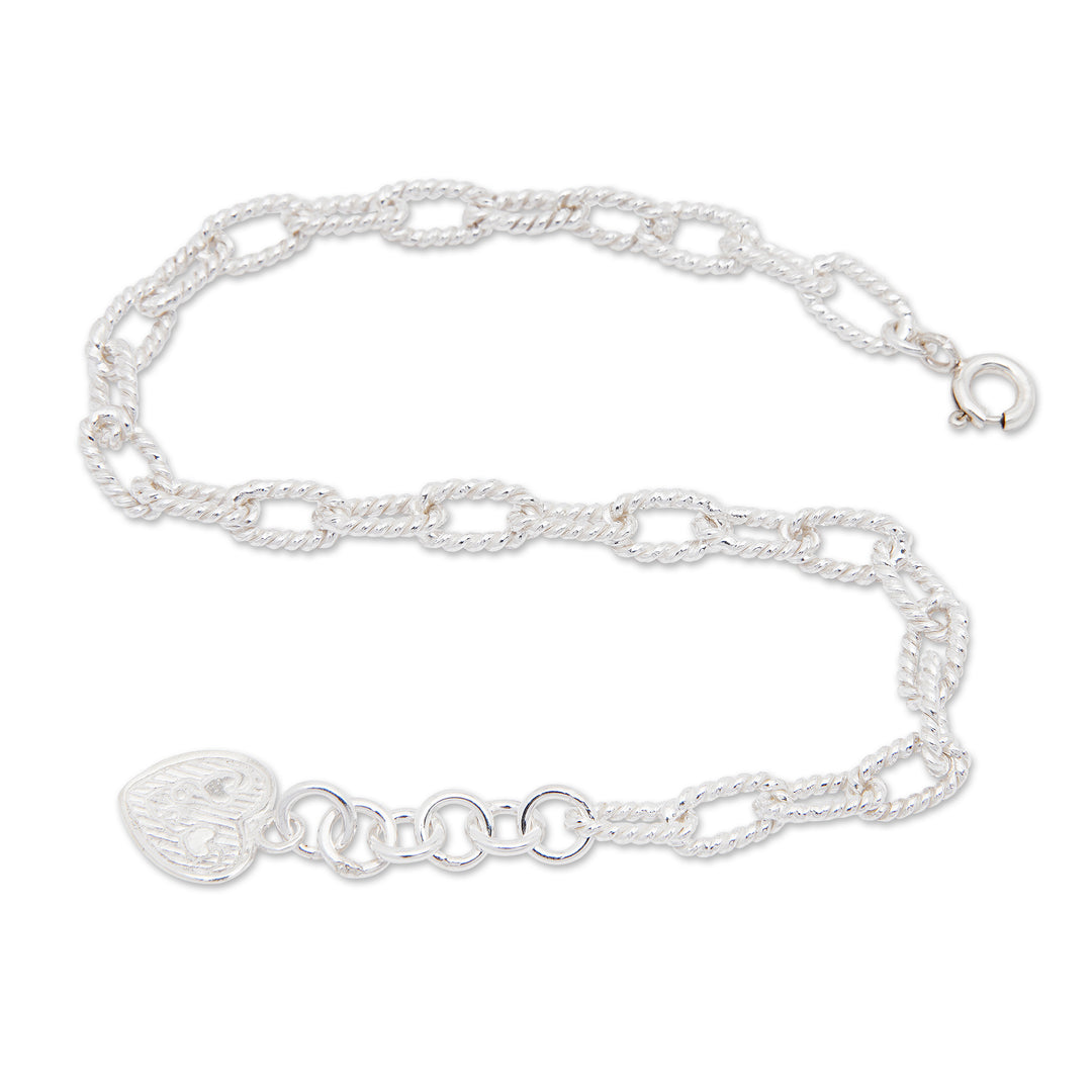 Polished Rope Sterling Silver Heart-Shaped Charm Bracelet - Jolly Heart & Ropes