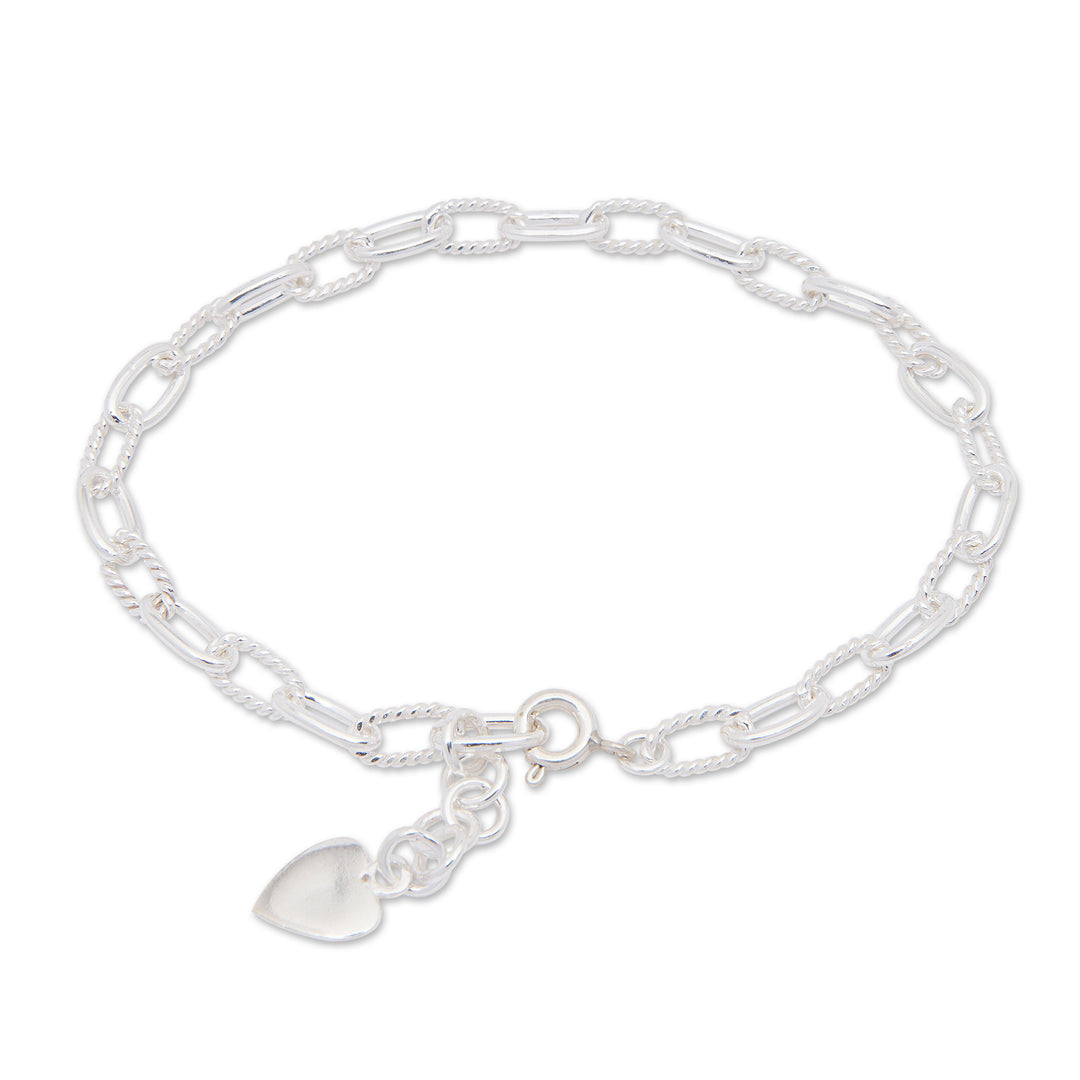 Modern Rope Sterling Silver Bracelet with Heart Charm - Interconnected Heart